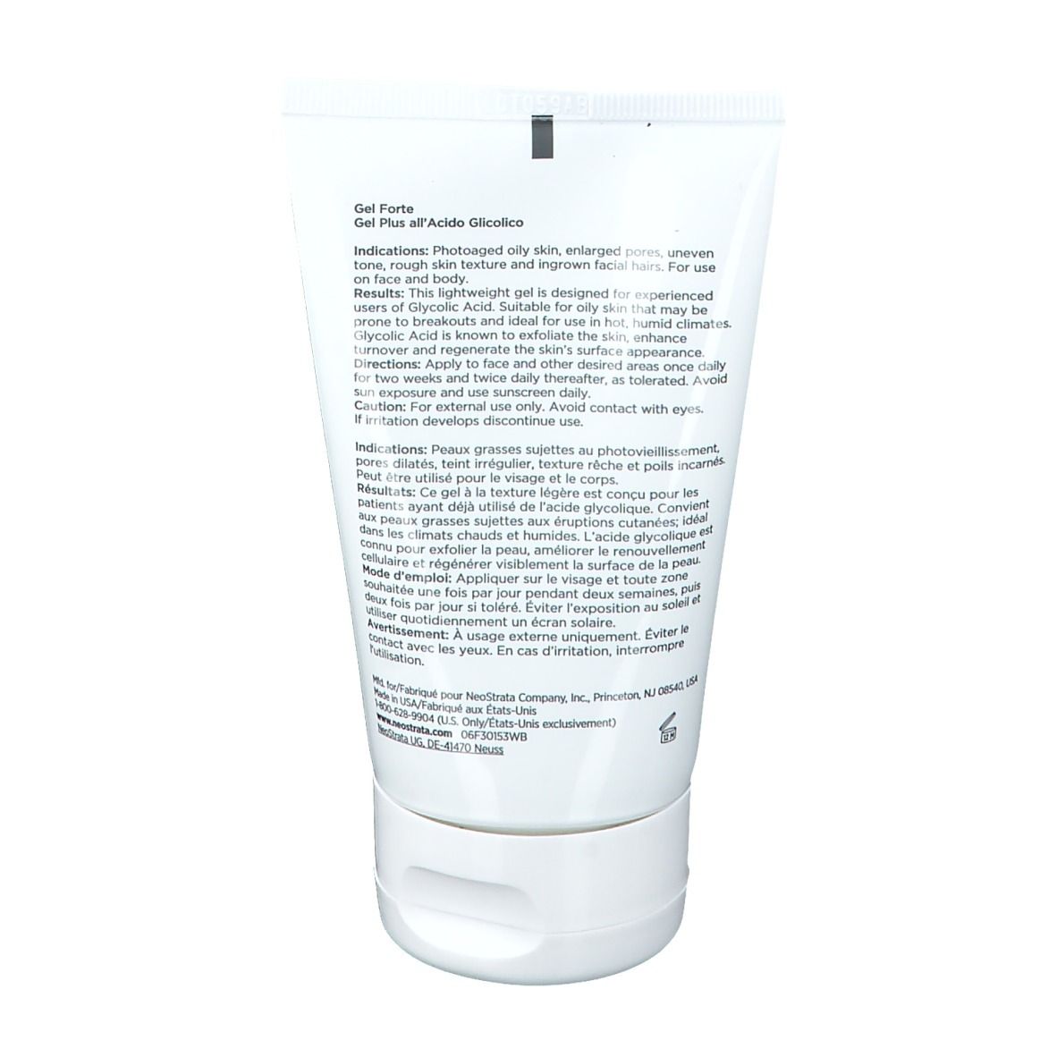 Retro di un tubo bianco. Testo: Gel Forte, Indicazioni, Risultati, Applicazione, Precauzioni. Contiene informazioni.