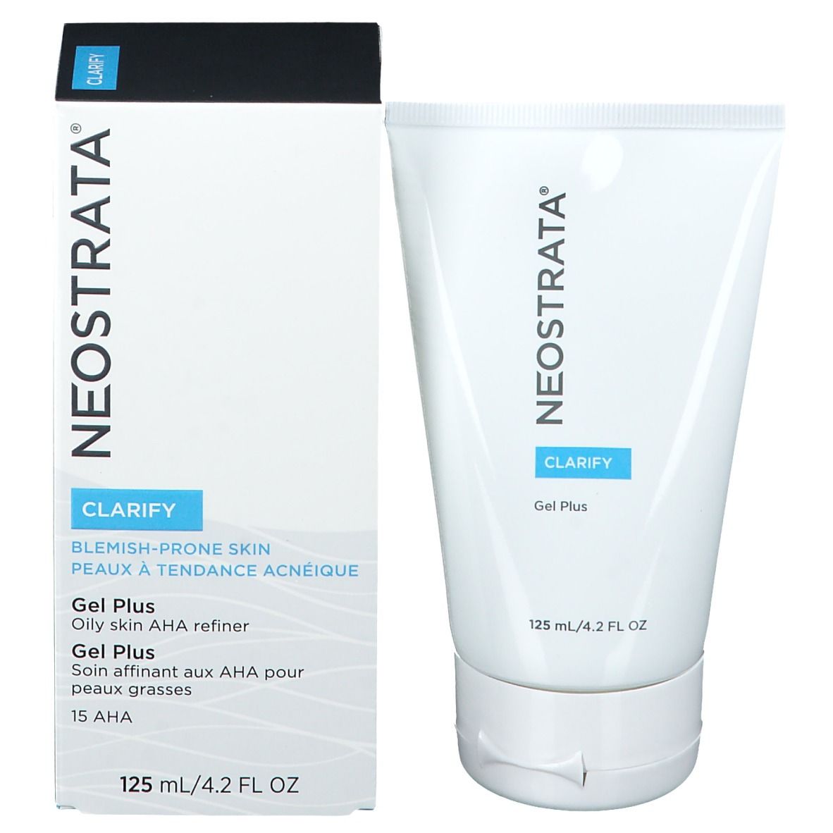 Confezione del prodotto con tubo e scatola. Scritta: NEOSTRATA, CLARIFY, Gel Plus, 125 ml/4.2 FL OZ.