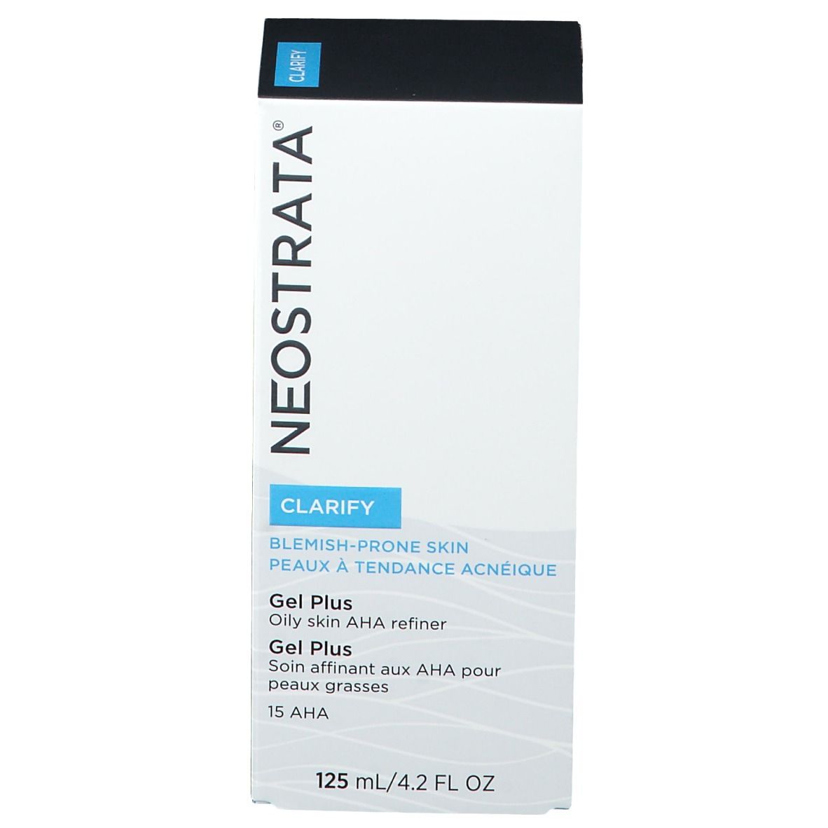Confezione del prodotto. Scritta: NEOSTRATA, CLARIFY, Gel Plus, 125 ml/4.2 FL OZ.