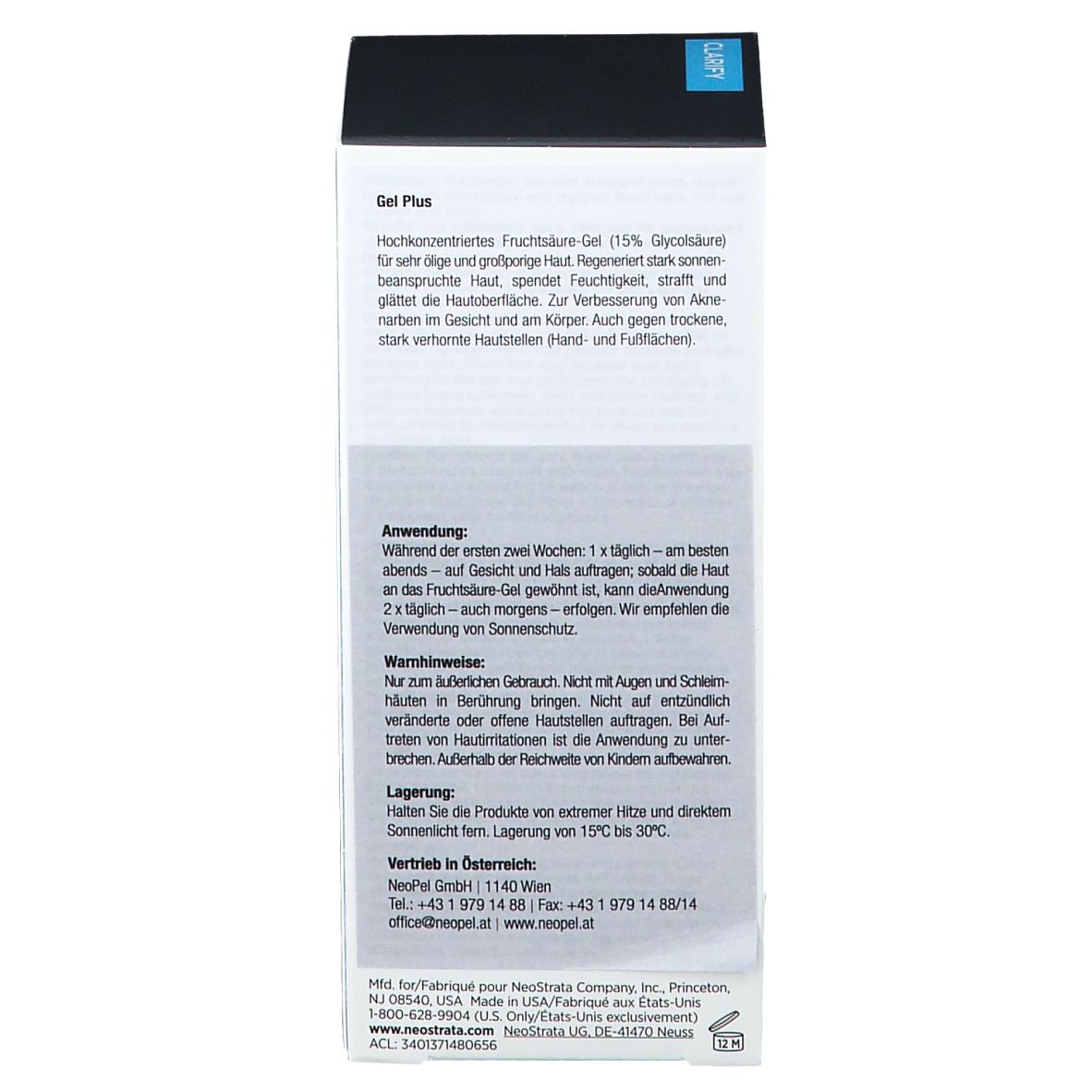 Retro della confezione del prodotto. Testo: Gel Plus, Applicazione, Avvertenze, Conservazione.