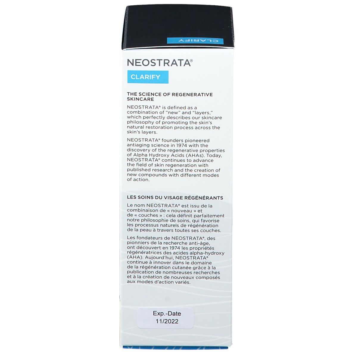 Retro della confezione del prodotto. Testo: NEOSTRATA, The Science of Regenerative Skincare, Exp. 11/2022.