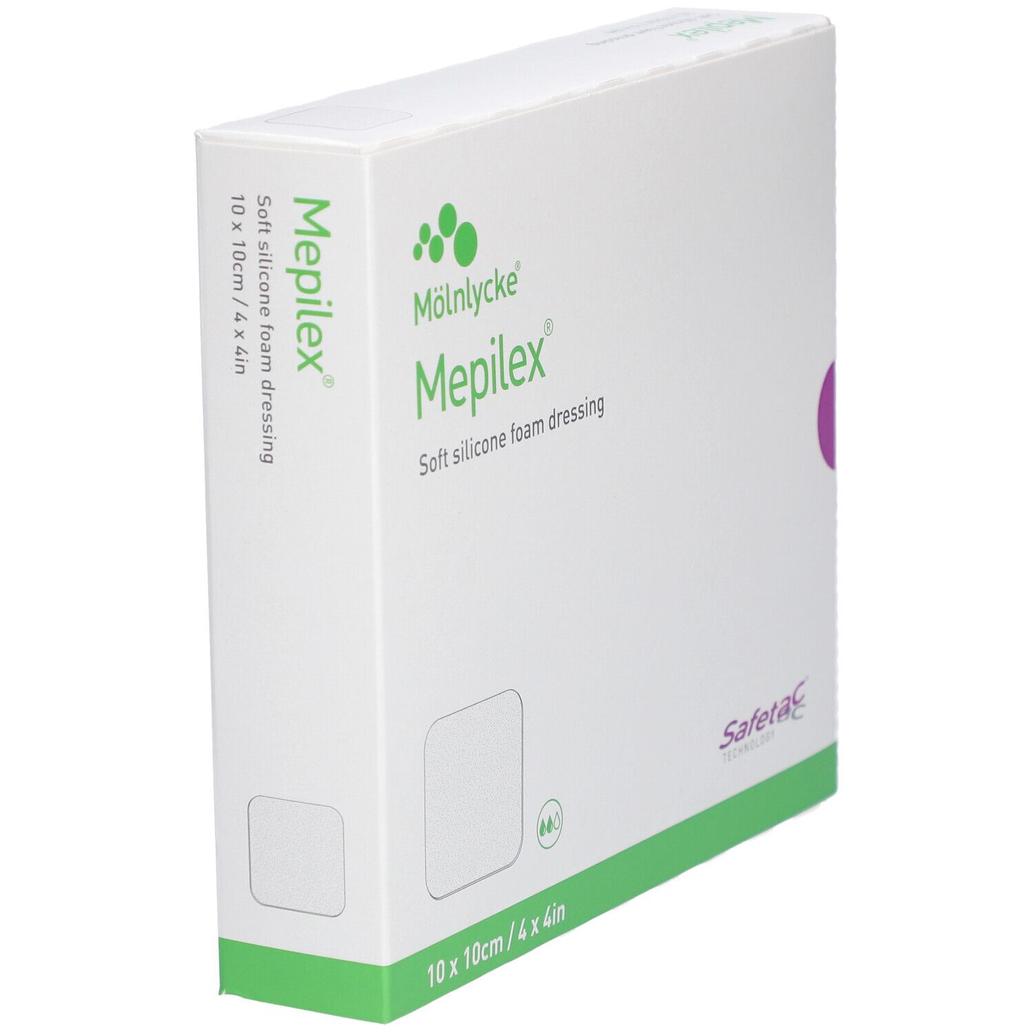 Vista obliqua della confezione Mepilex Border Flex Lite. Medicazione in schiuma di silicone, 10x10 cm. Bianco con dettagli verdi.