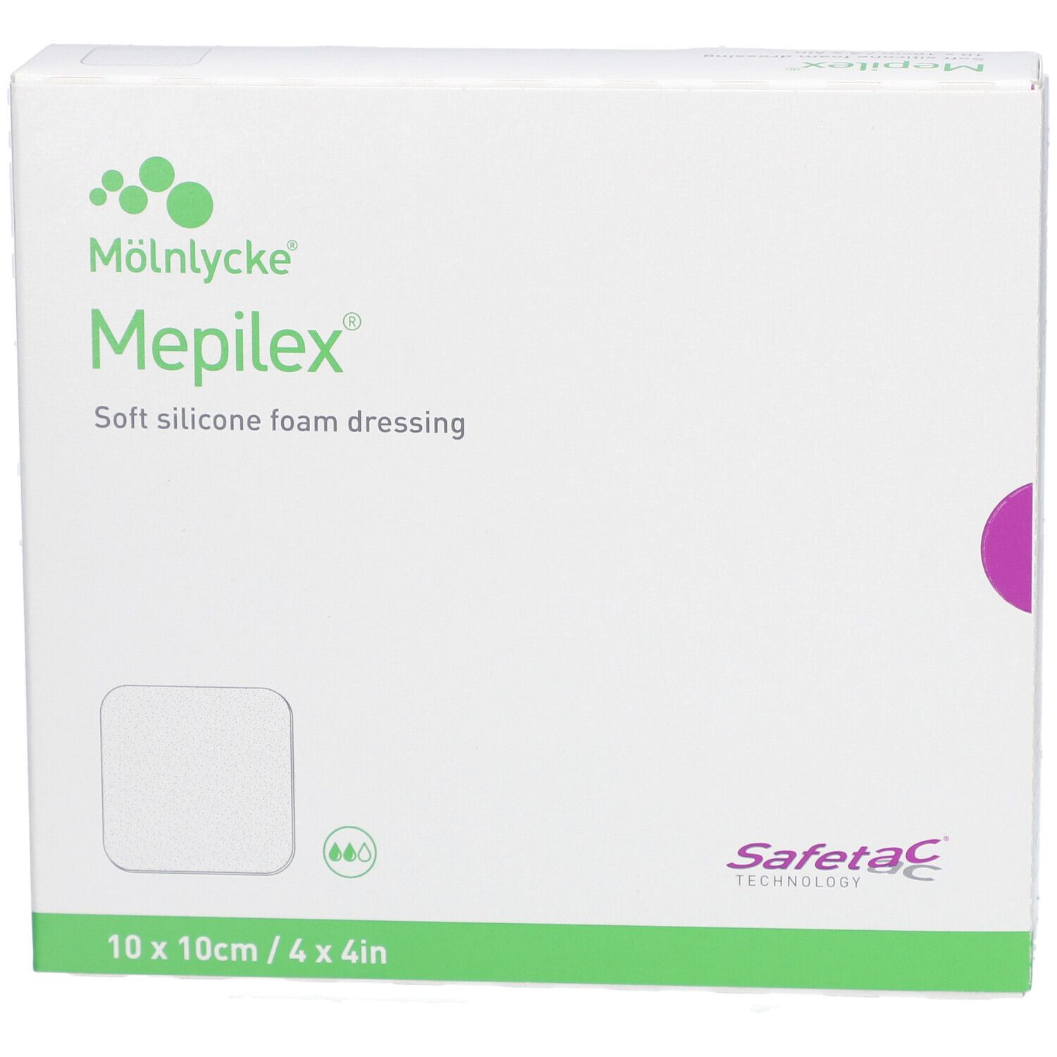 Vista frontale della confezione Mepilex Border Flex Lite. Medicazione in schiuma di silicone, 10x10 cm. Bianco con dettagli verdi.