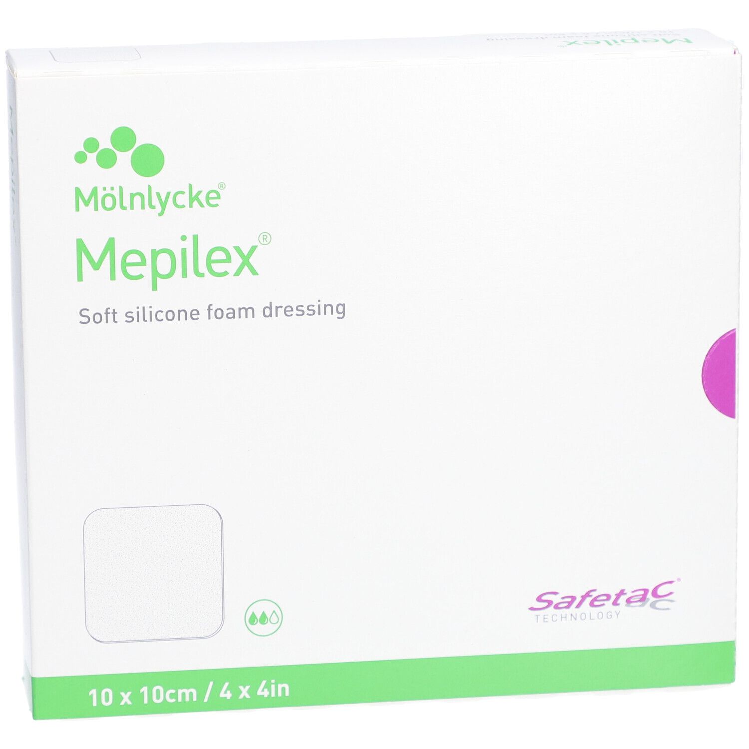 Vista frontale della confezione Mepilex Border Flex Lite. Medicazione in schiuma di silicone, 10x10 cm. Bianco con dettagli verdi.