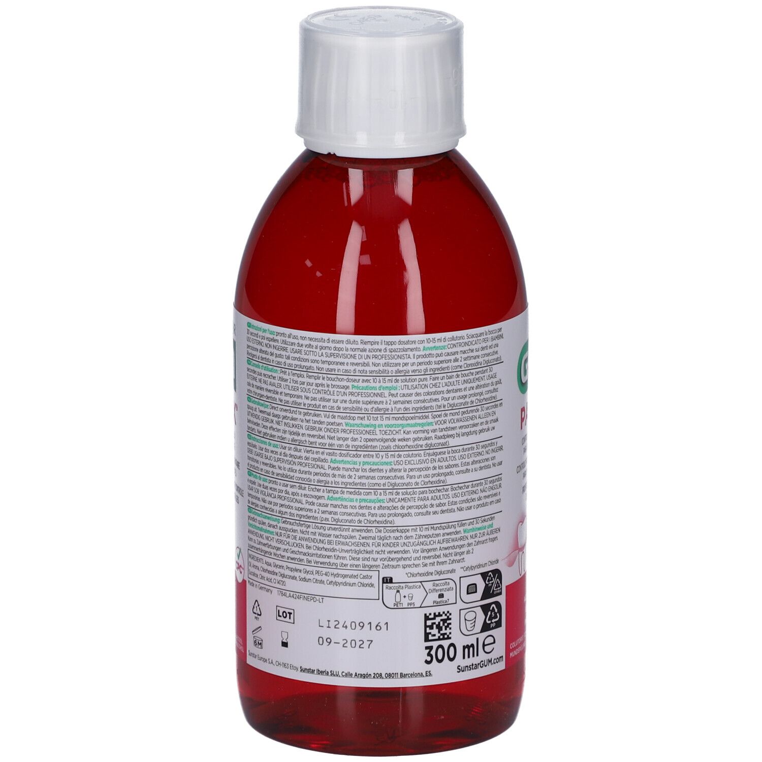 Retro di un flacone rosso con tappo bianco. GUM Paroex collutorio. Testo e simboli.