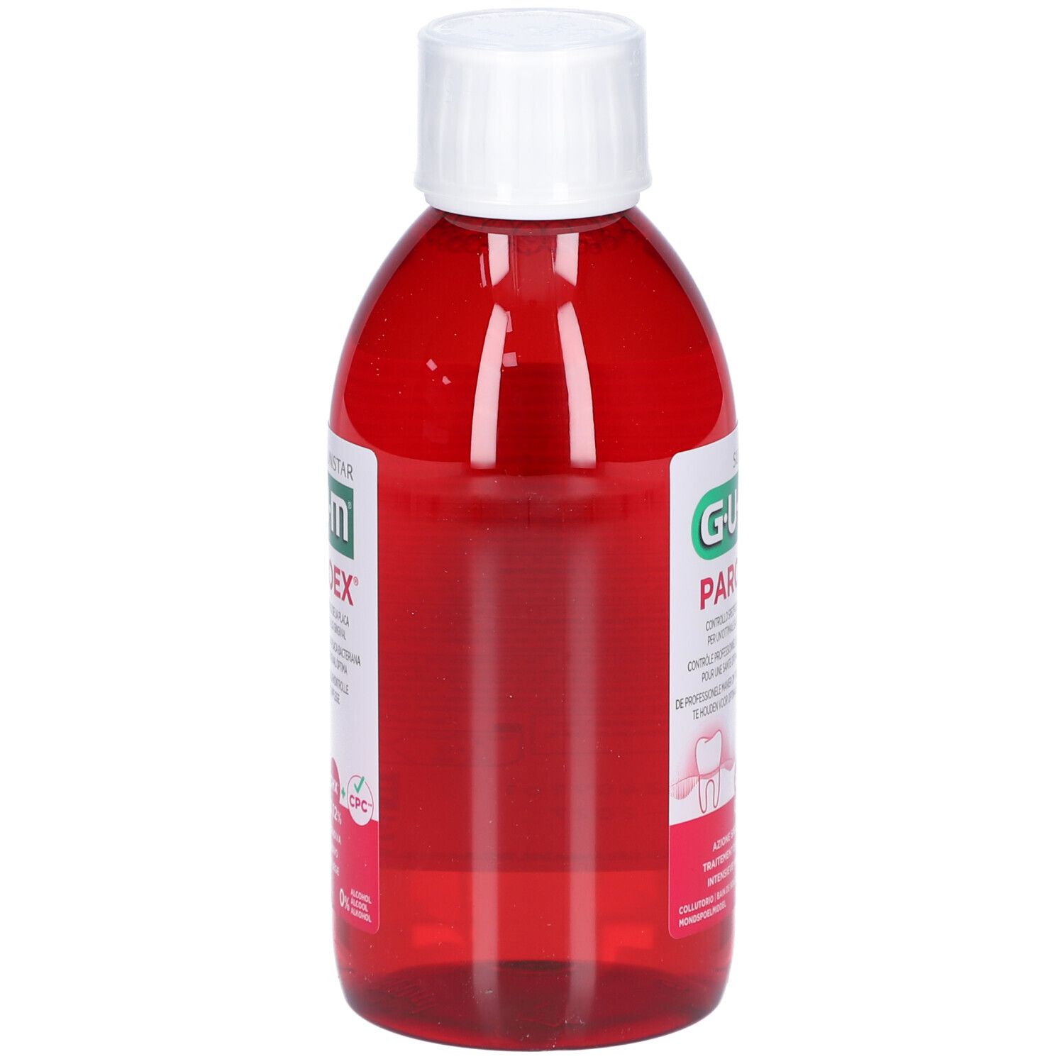 Flacone rosso con tappo bianco. GUM Paroex collutorio. Testo multilingue.