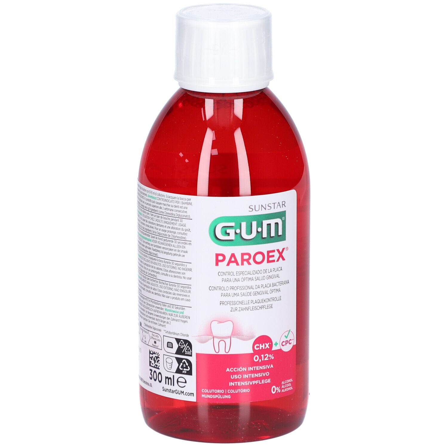 Flacone rosso con tappo bianco. GUM Paroex collutorio. Testo multilingue. 0,12%.