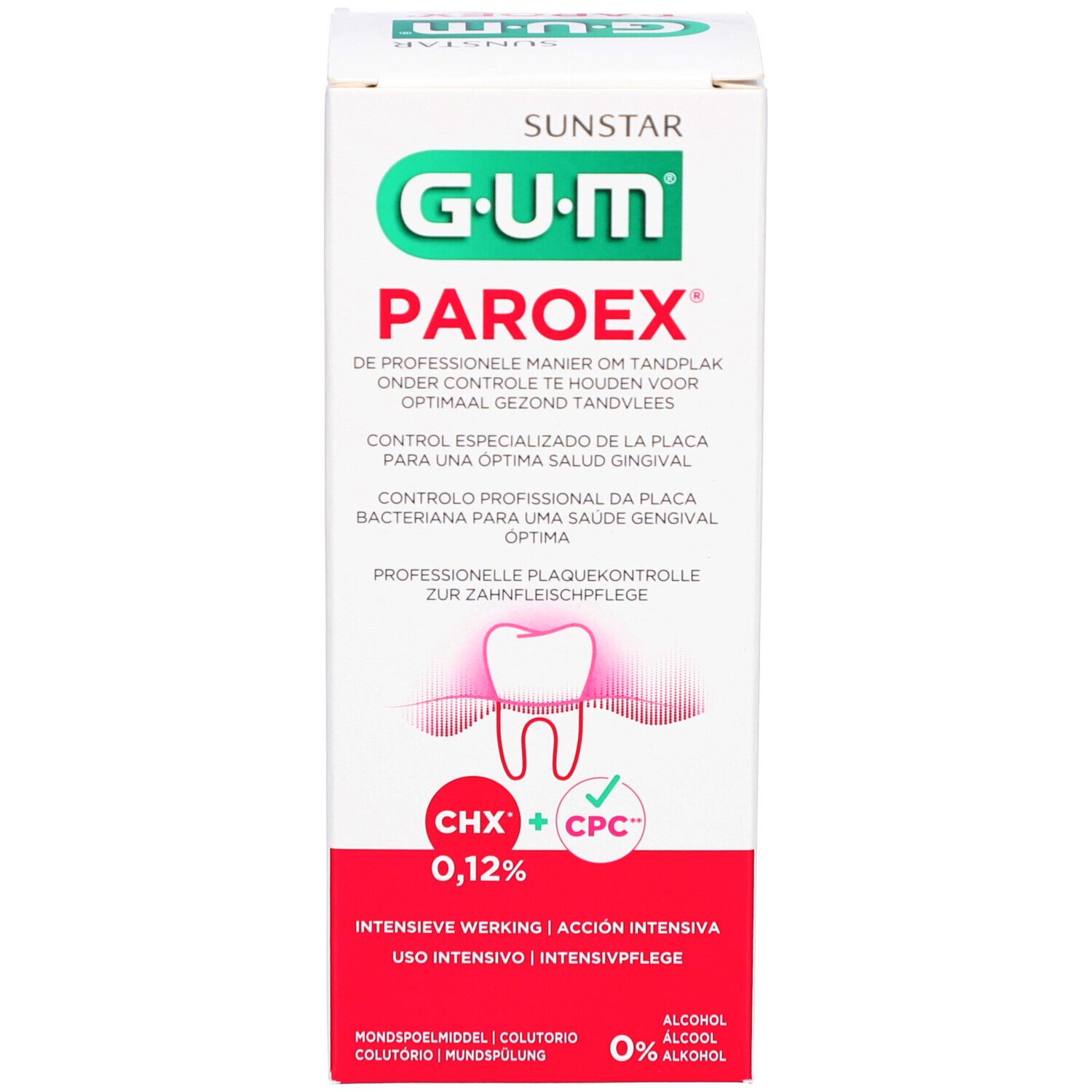 Confezione di GUM Paroex collutorio. Testo multilingue. 0,12% Clorexidina.