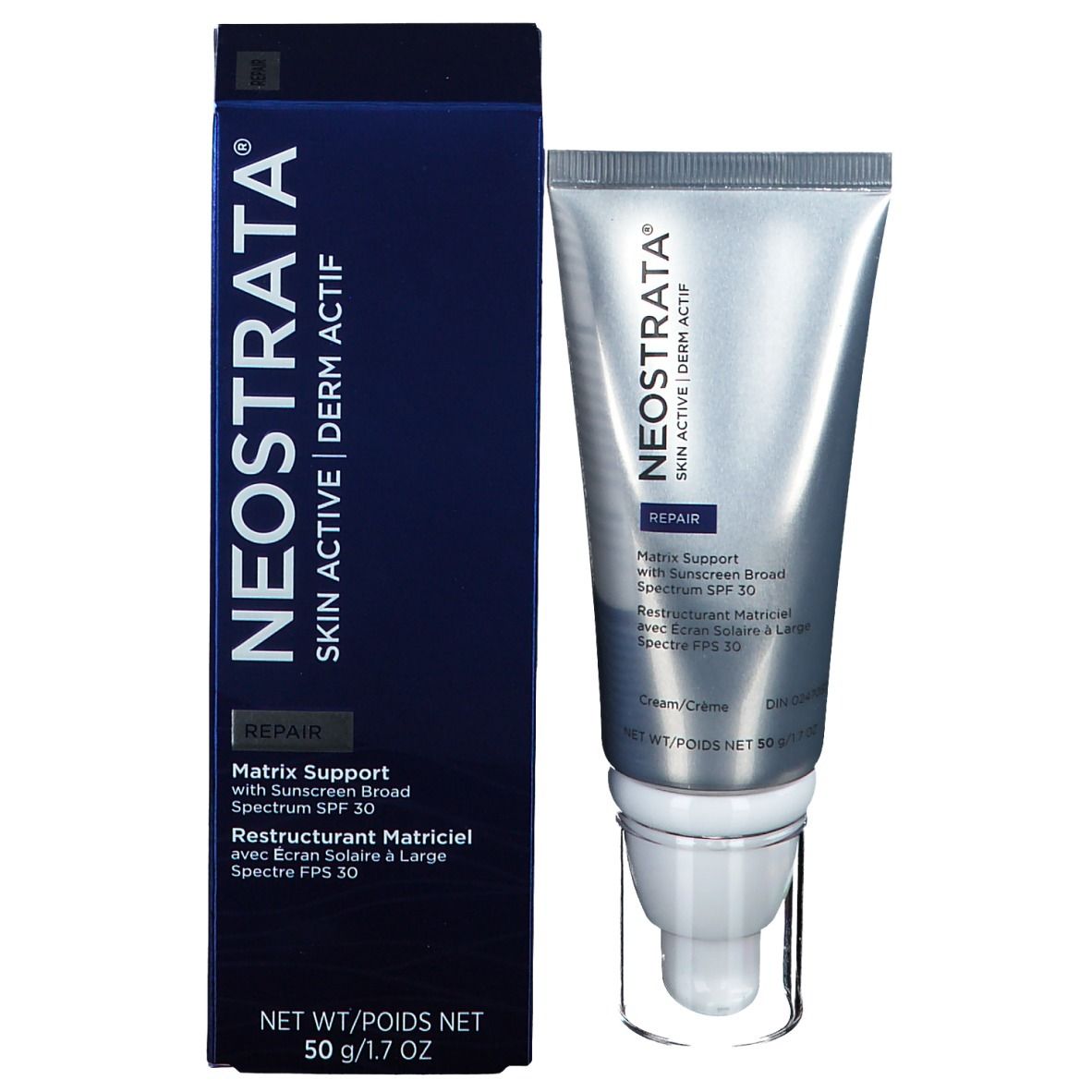 Confezione del prodotto con tubo e scatola. Scatola: NEOSTRATA, Matrix Support con protezione solare SPF 30. Tubo: argento.