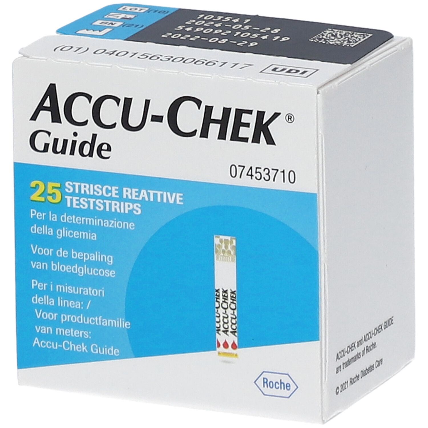 Scatola di 25 strisce reattive Accu-Chek Guide con logo Roche.