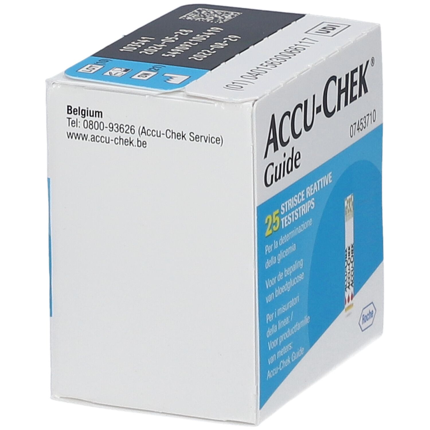 Scatola di 25 strisce reattive Accu-Chek Guide con logo Roche.