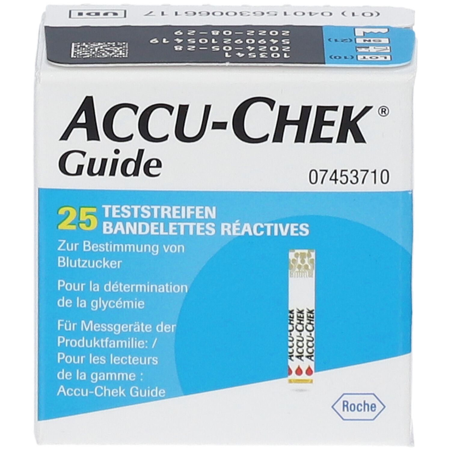 Scatola di 25 strisce reattive Accu-Chek Guide con logo Roche.