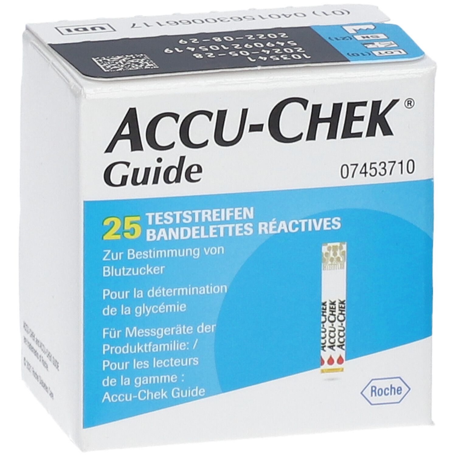 Scatola di 25 strisce reattive Accu-Chek Guide con logo Roche.