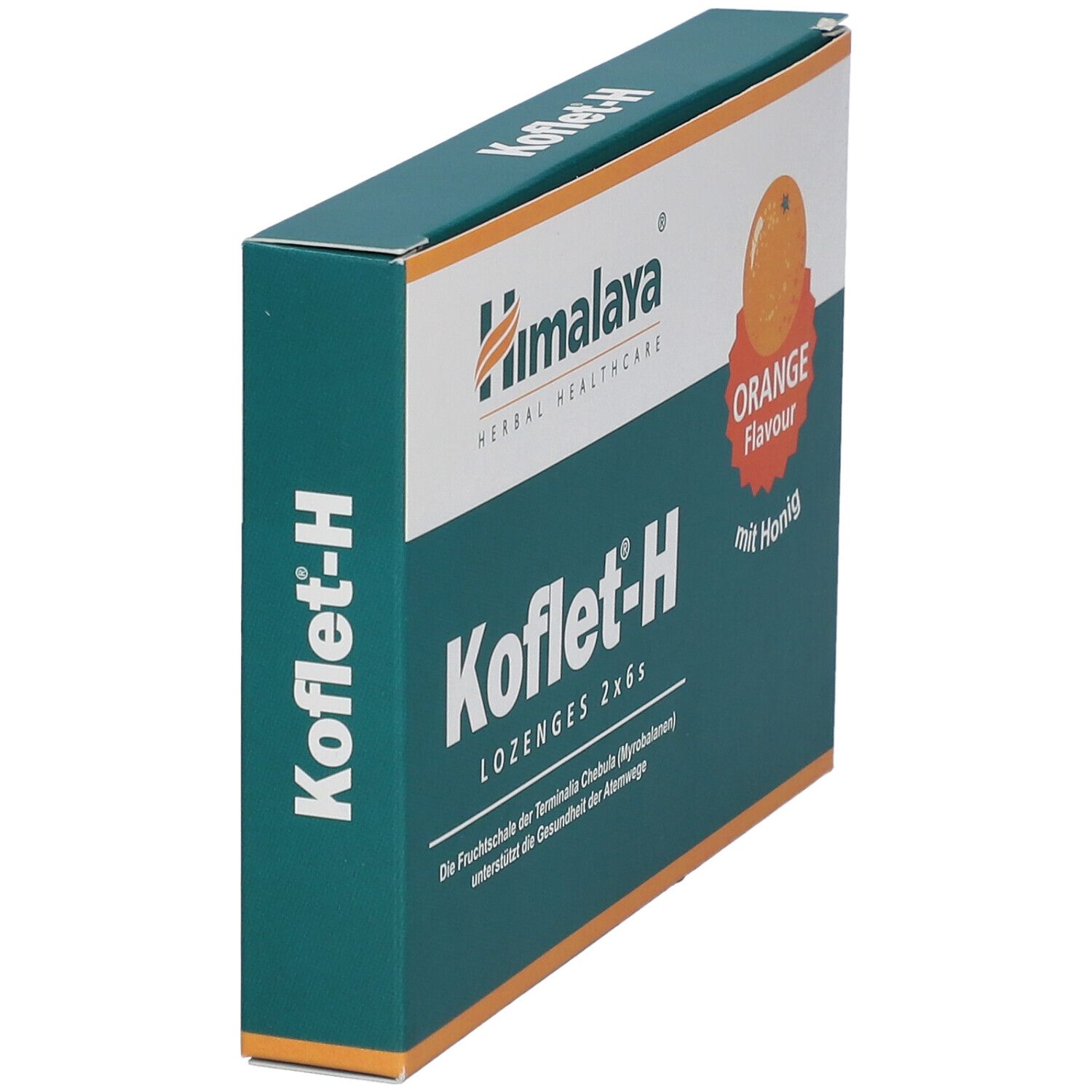 Scatola Himalaya Koflet-H, gusto arancia. Scritta: Herbal Healthcare. Vista obliqua.