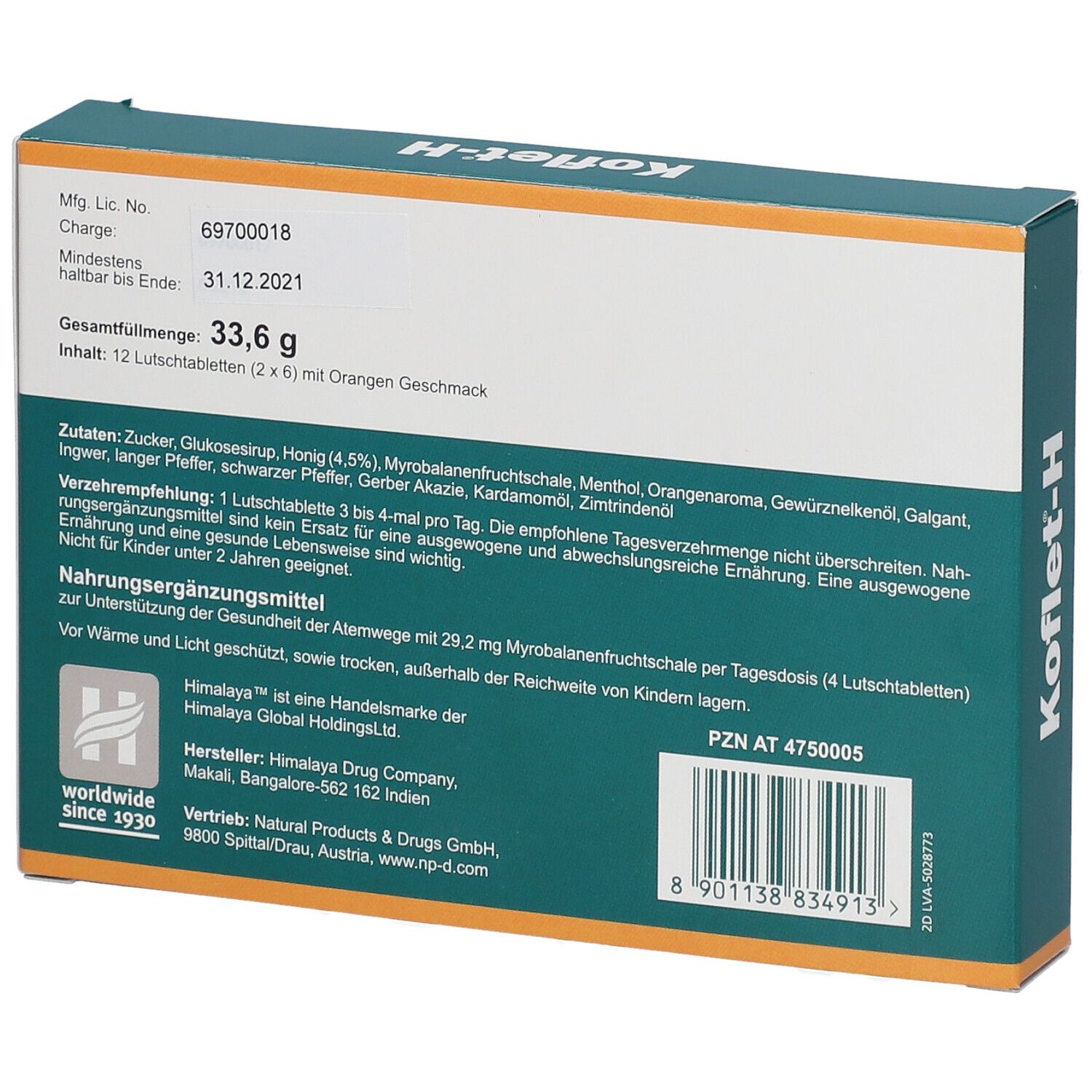 Retro della confezione Koflet-H. Contiene informazioni sugli ingredienti e il produttore. 12 pastiglie.