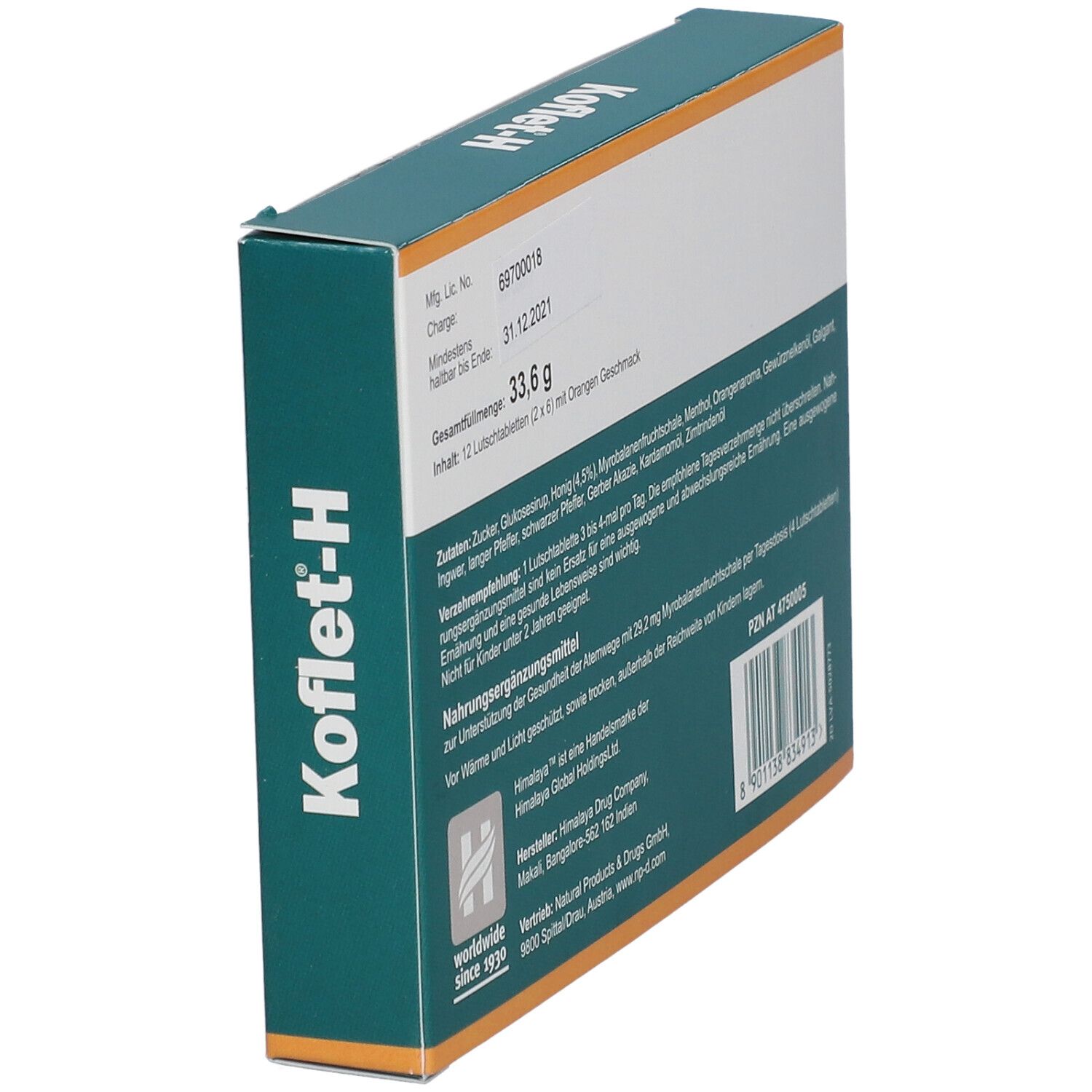 Retro confezione Koflet-H. Informazioni ingredienti e produttore. Vista obliqua.