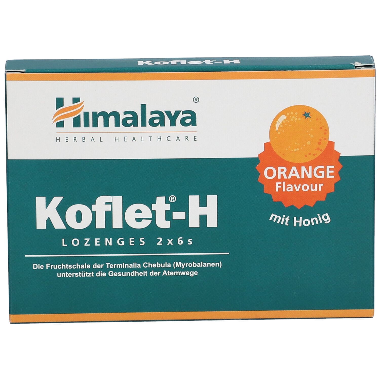 Scatola di pastiglie Himalaya Koflet-H. Gusto arancia, 2x6. Scritta: Herbal Healthcare.