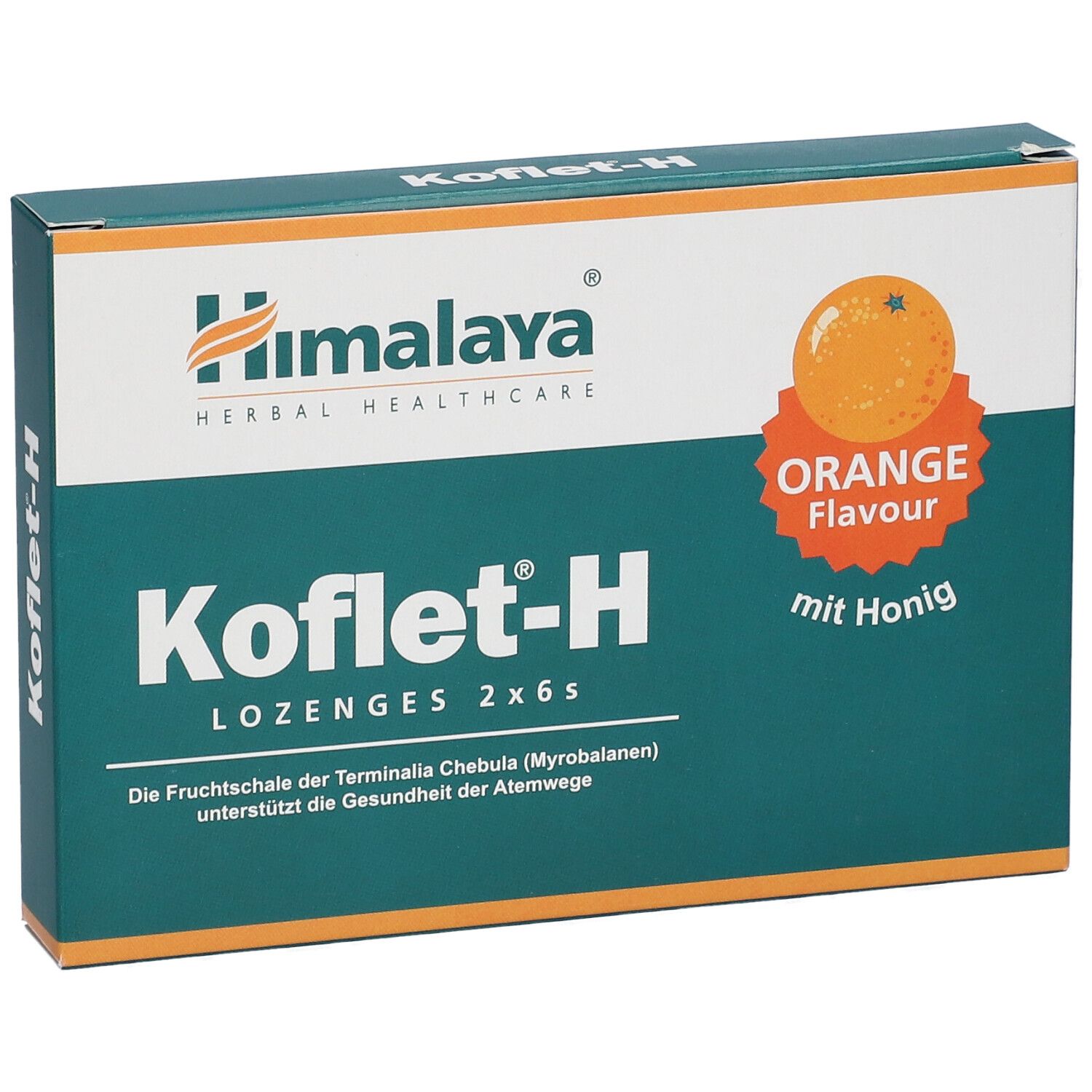 Scatola di pastiglie Himalaya Koflet-H. Gusto arancia, 2x6. Scritta: Herbal Healthcare.