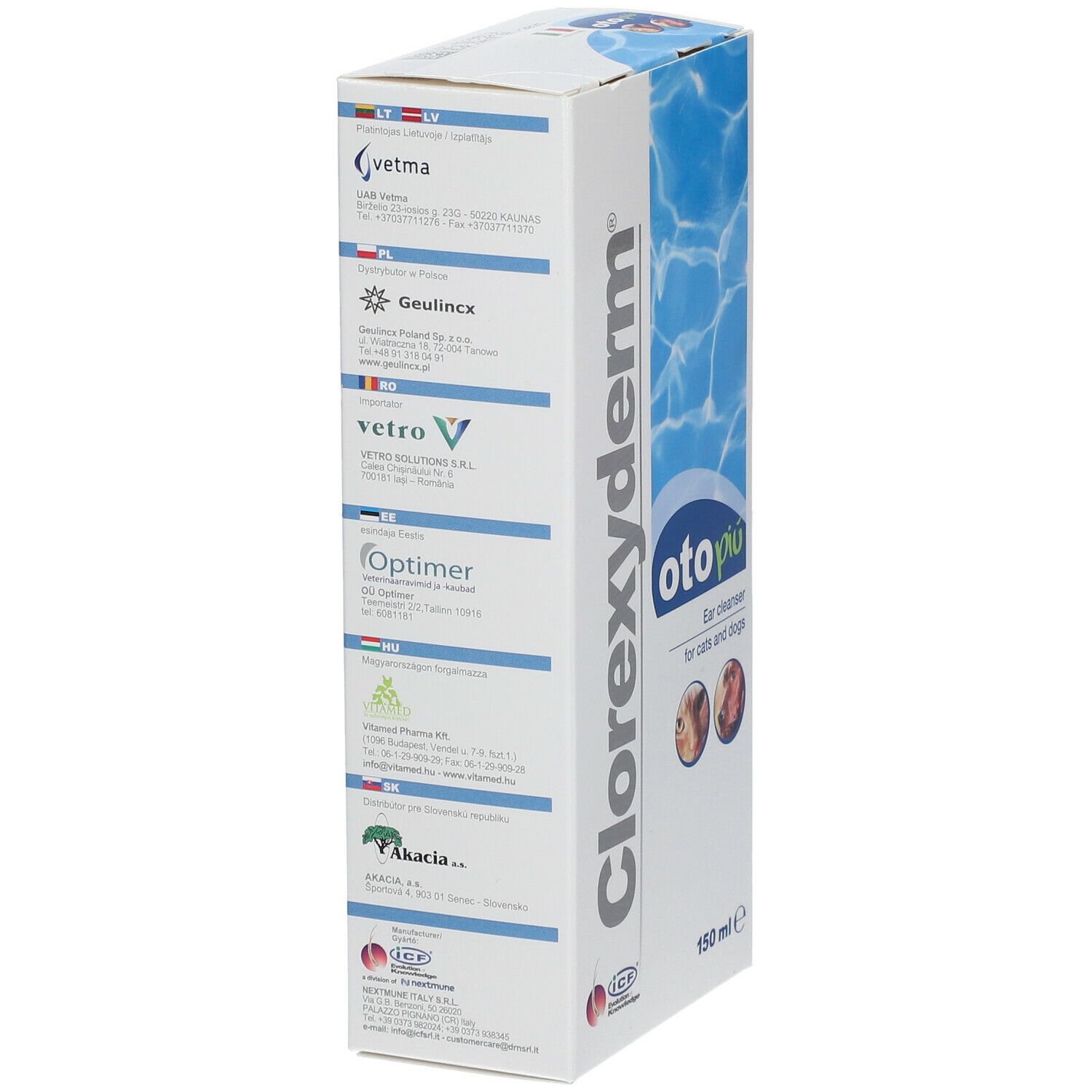 Confezione Clorexyderm oto piu. Stampa con loghi e informazioni sul prodotto. Motivo onde blu.