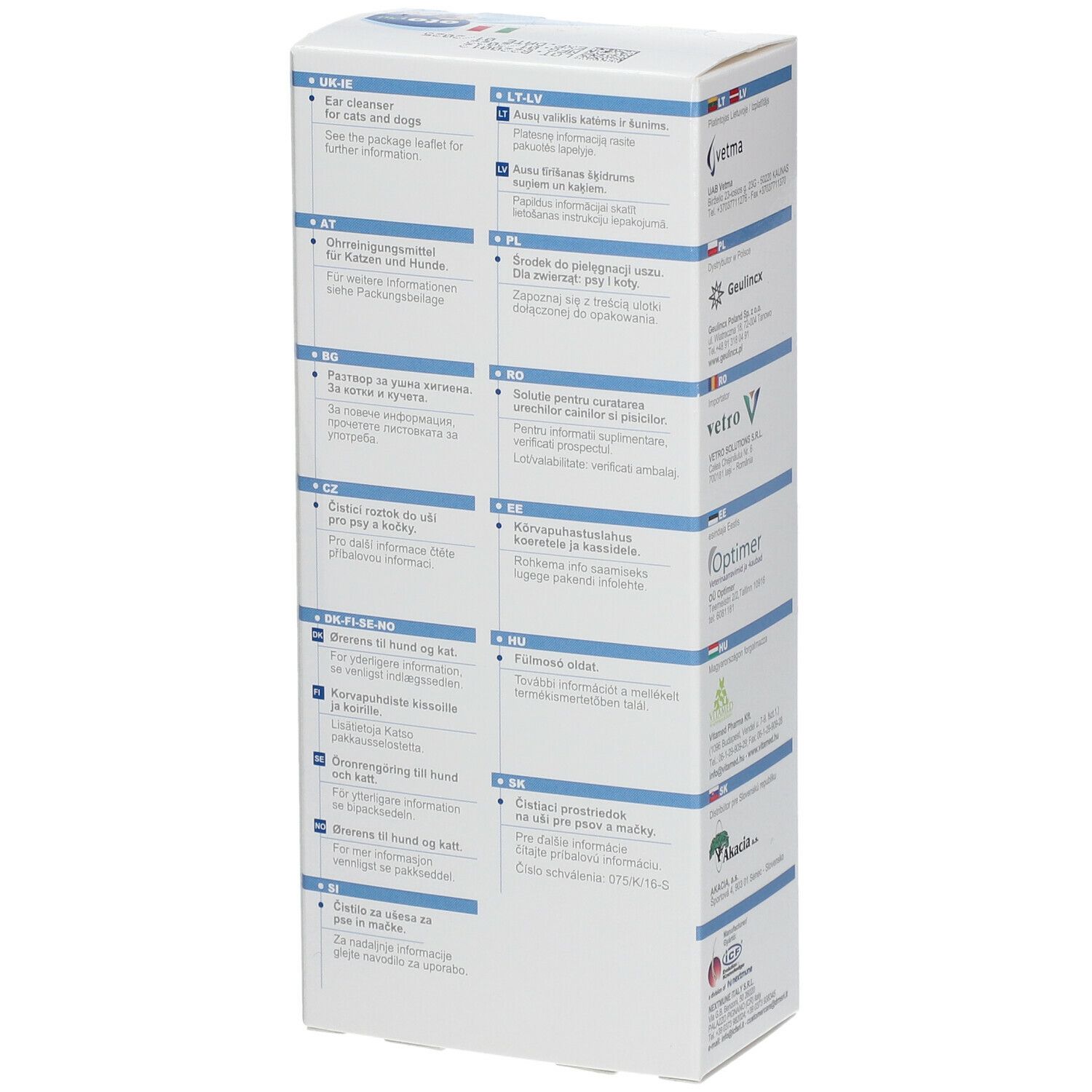 Retro della confezione Clorexyderm oto piu. Testo in diverse lingue. Informazioni sul prodotto.