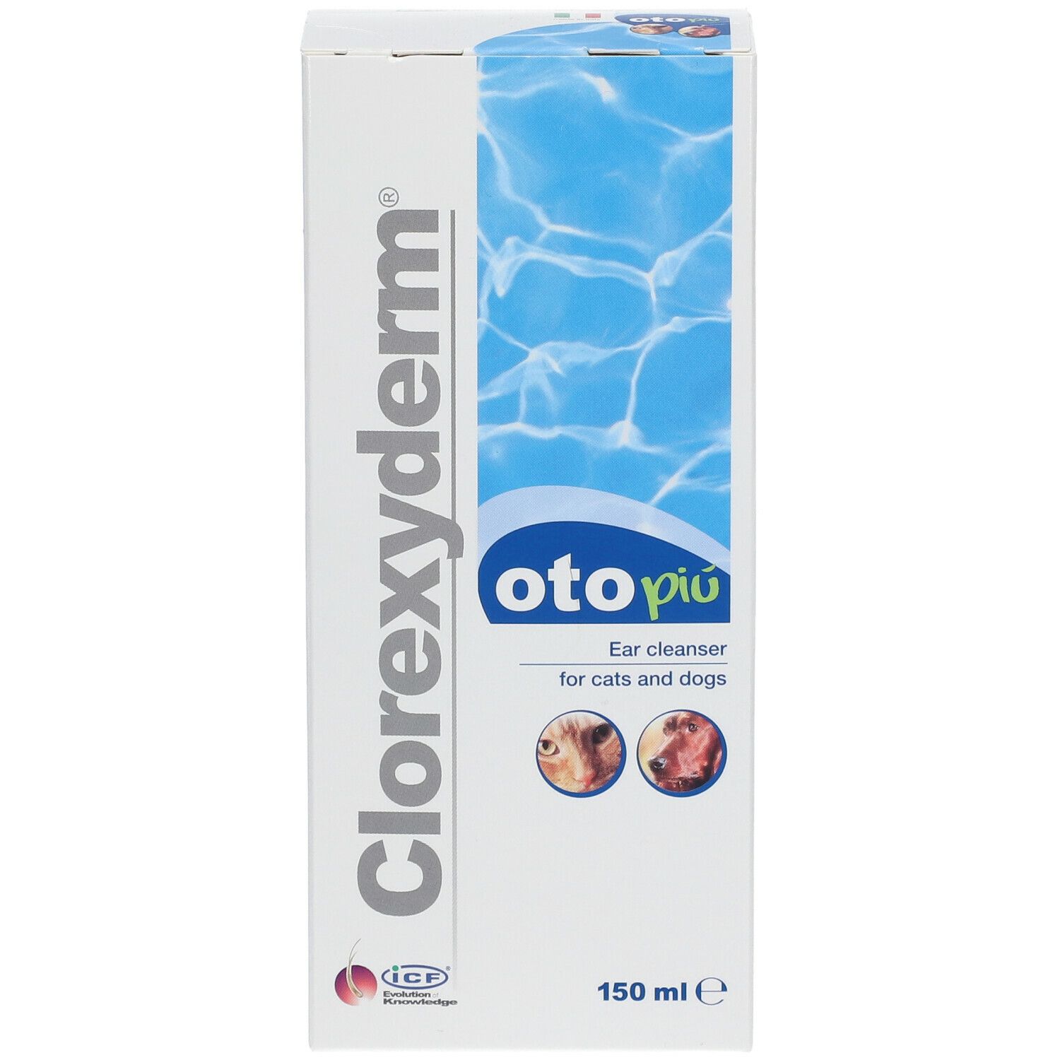 Clorexyderm oto piu, detergente auricolare per cani e gatti. Confezione da 150 ml.
