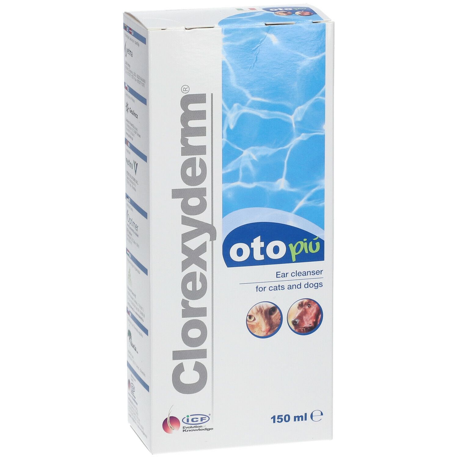 Clorexyderm oto piu, detergente auricolare per cani e gatti. Confezione da 150 ml.