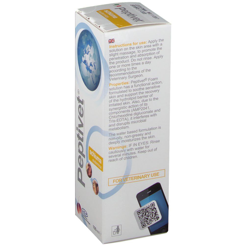 Lato di una scatola bianca. Testo in inglese. Codice QR e immagini di cani e gatti. Scritta: FOR VETERINARY USE.