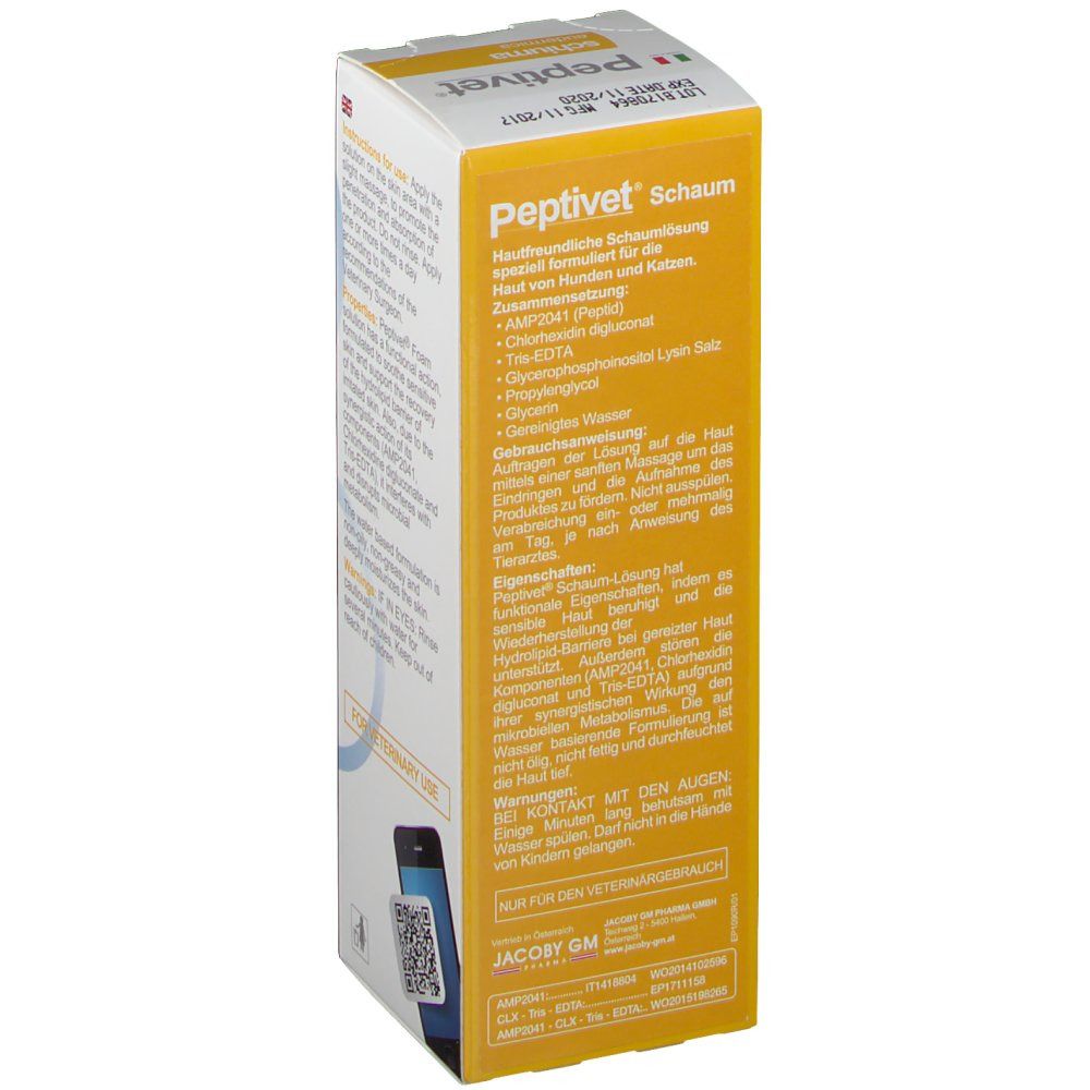 Lato di una scatola bianca. Testo in tedesco. Codice QR e immagini di cani e gatti. Scritta: NUR FÜR DEN VETERINÄRGEBRAUCH.