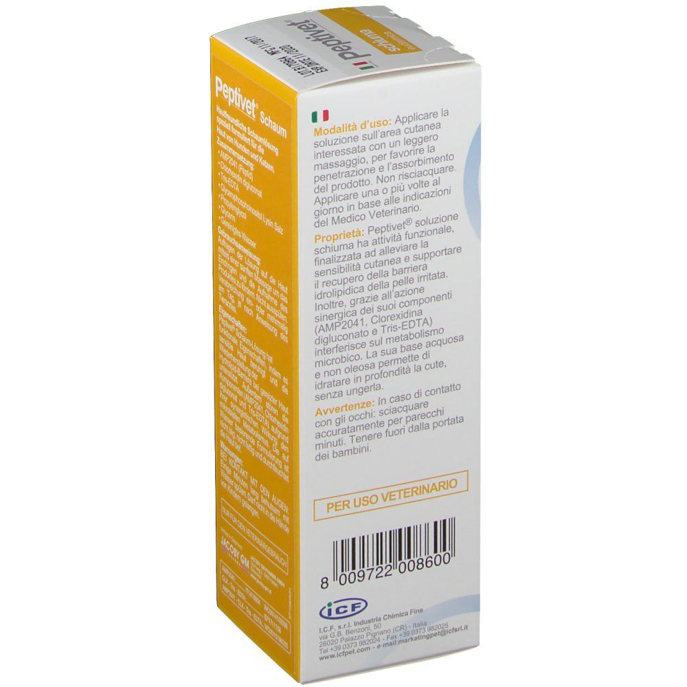 Lato di una scatola bianca. Testo in italiano. Codice QR e immagini di cani e gatti. Scritta: PER USO VETERINARIO.