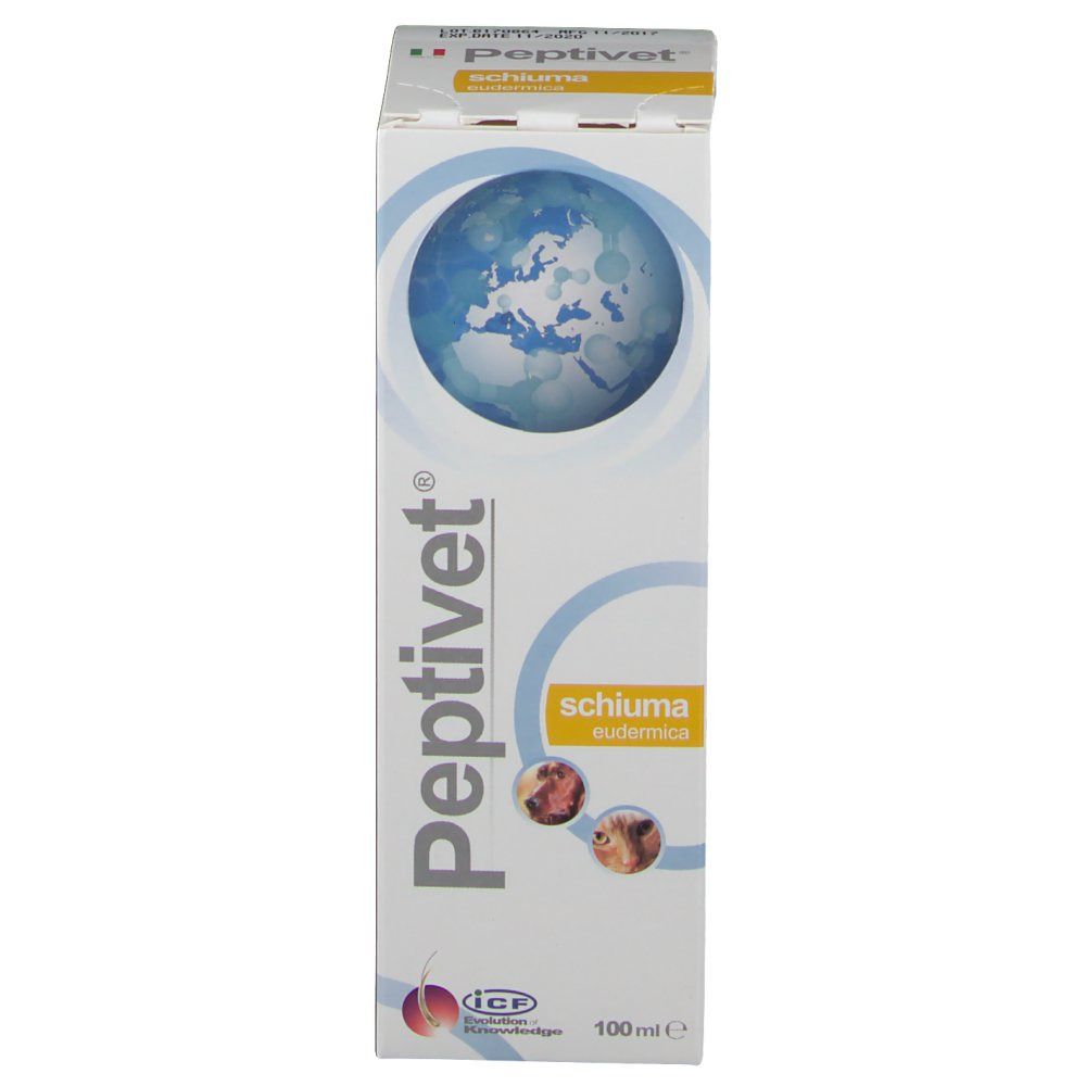 Confezione bianca con nome prodotto Peptivet®. Globo e loghi. Testo in tedesco, italiano, olandese e francese.
