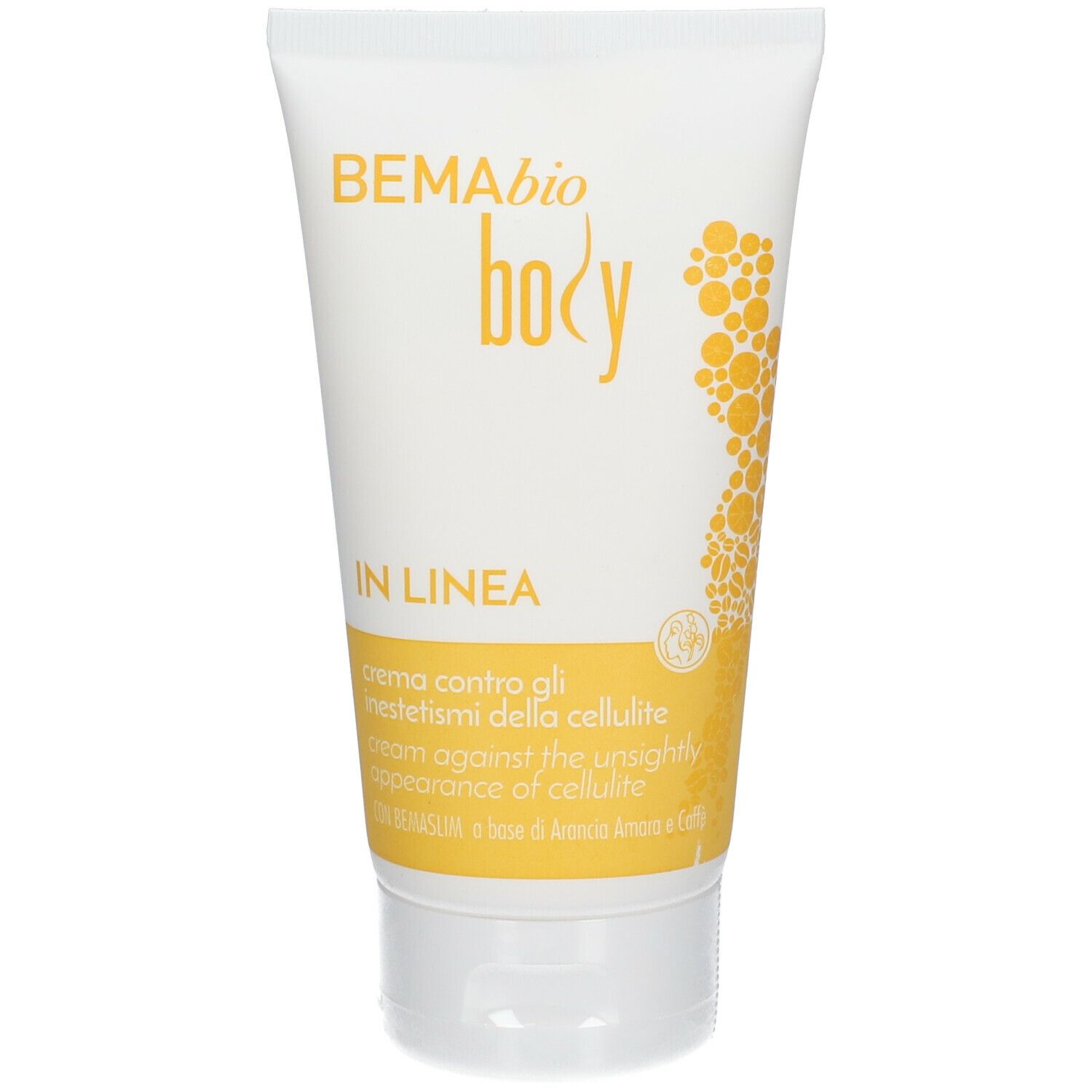 Tubo di crema con dettagli gialli. Scritte: BEMAbio body, IN LINEA, crema contro gli inestetismi della cellulite.