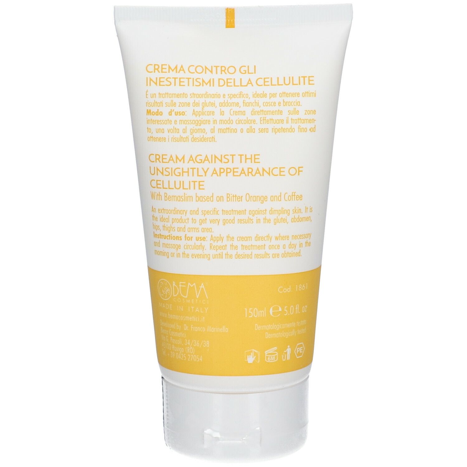 Retro del tubo di crema. Testo: crema contro gli inestetismi della cellulite, cream against the unsightly appearance of cellulite.