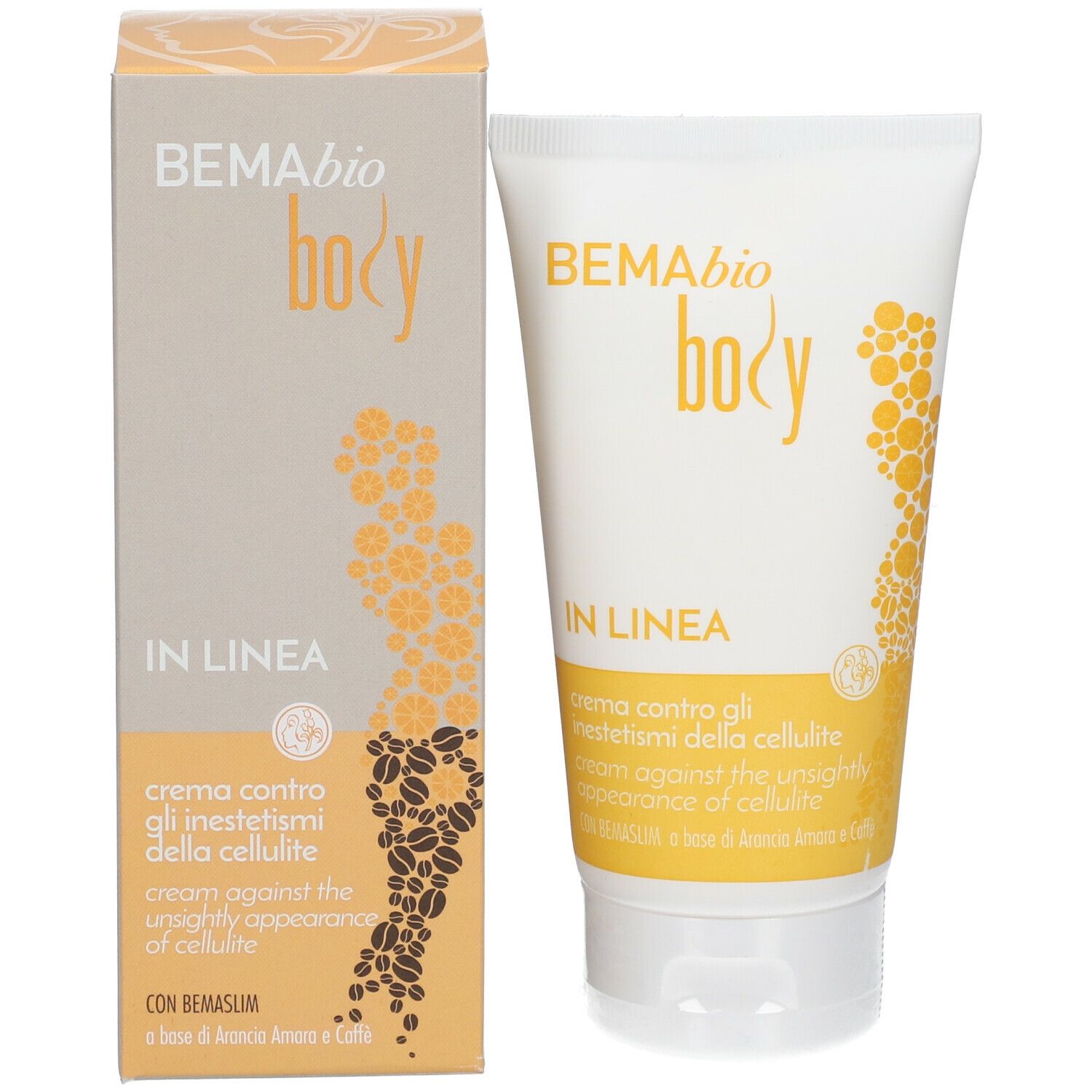 Tubo di crema e scatola. Scritte: BEMAbio body, IN LINEA, crema contro gli inestetismi della cellulite, CON BEMASUM.