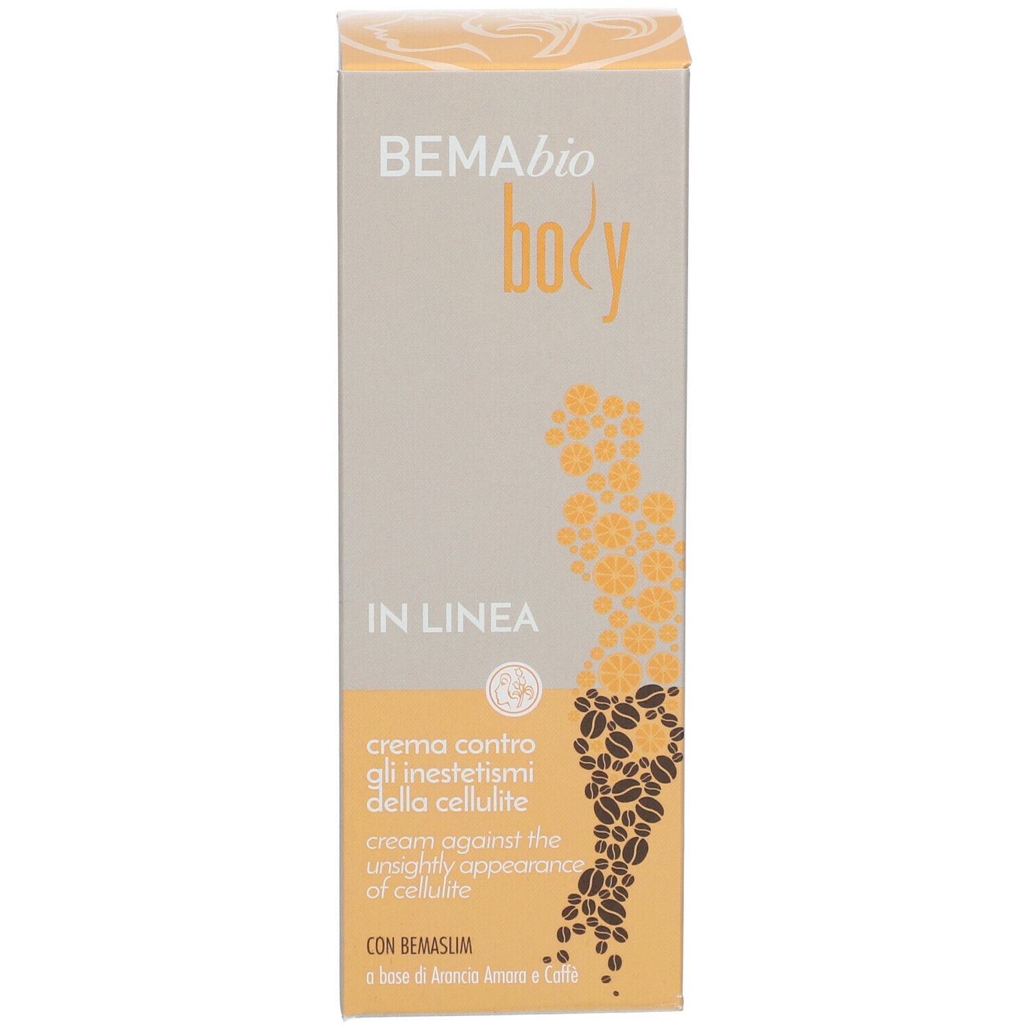 Scatola con testo: BEMAbio body, IN LINEA, crema contro gli inestetismi della cellulite, CON BEMASUM.
