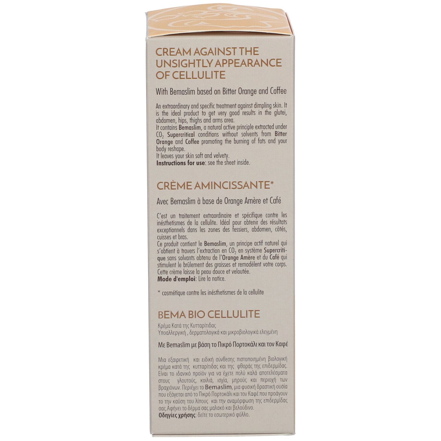 Retro della scatola. Testo: cream against the unsightly appearance of cellulite, Crème amincissante, BEMA BIO CELLULITE.