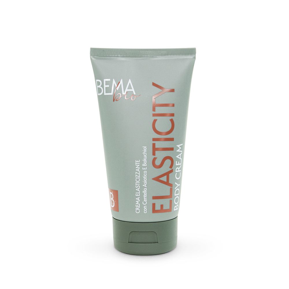 Tubo verde con tappo verde. Scritta: BEMA bio, Elasticity, Body Cream. Con certificazione.