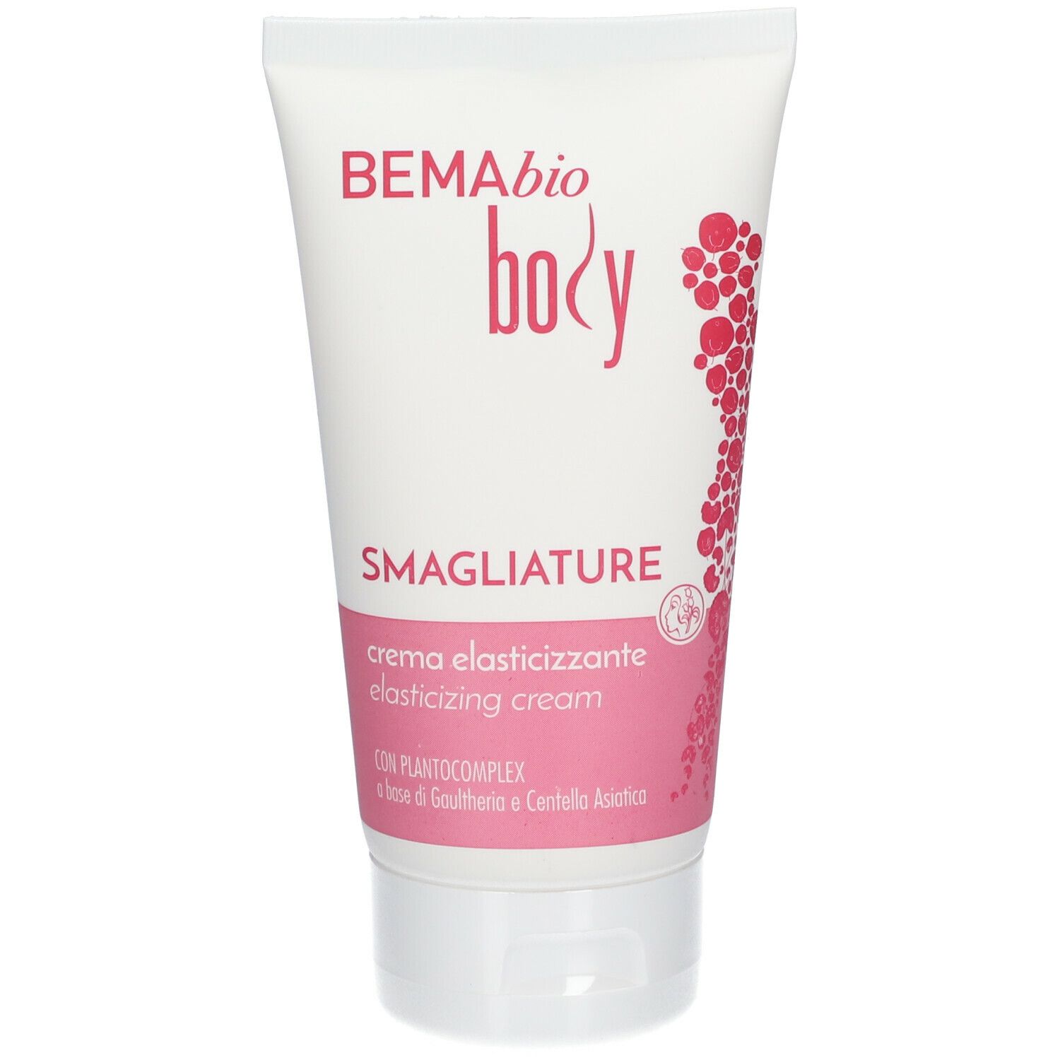 Tubo di crema rosa. Scritta: BEMA bio body, Smagliature, crema elasticizzante. Con complesso vegetale.