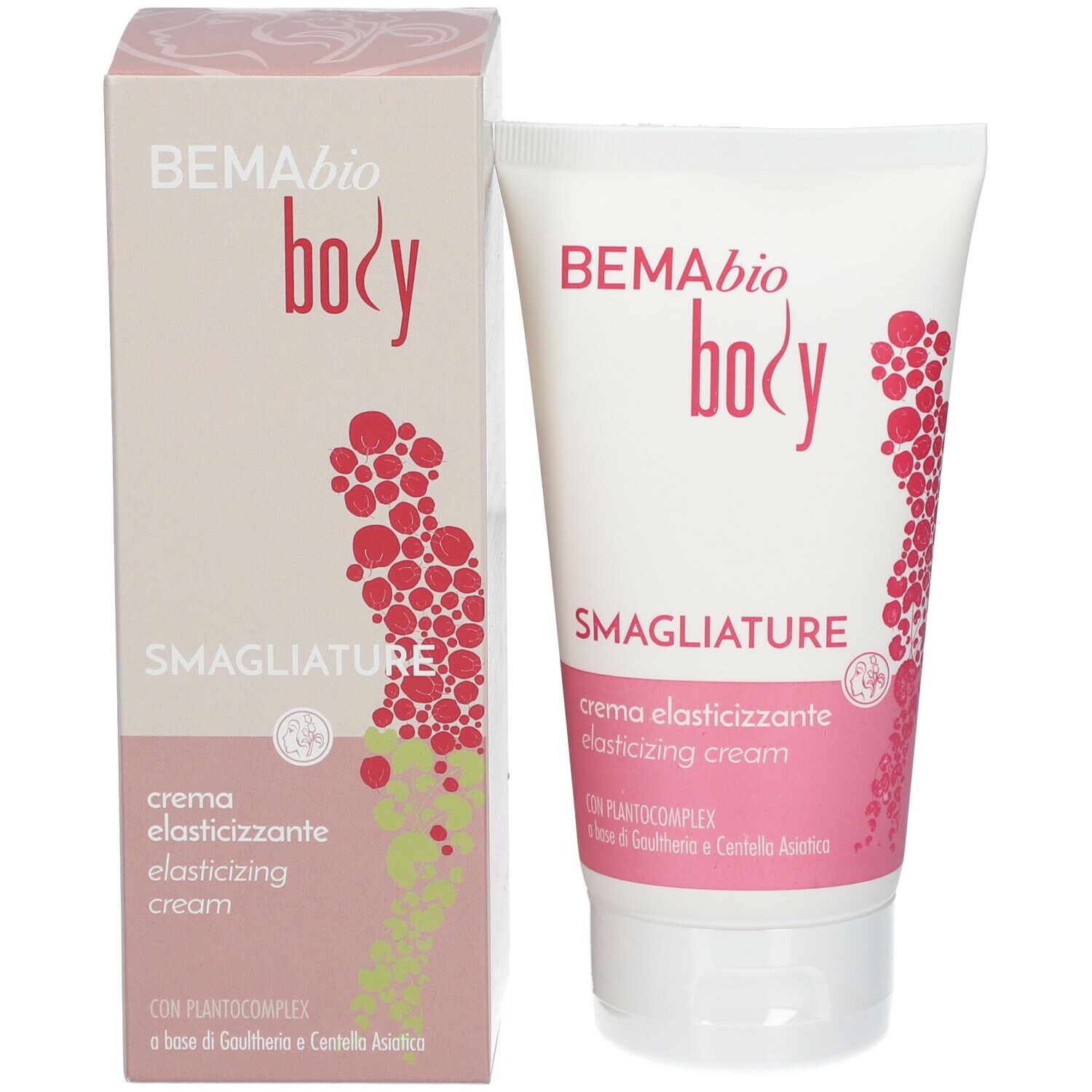 Tubo di crema e scatola. Scritta: BEMA bio body, Smagliature, crema elasticizzante. Con complesso vegetale. Design rosa.
