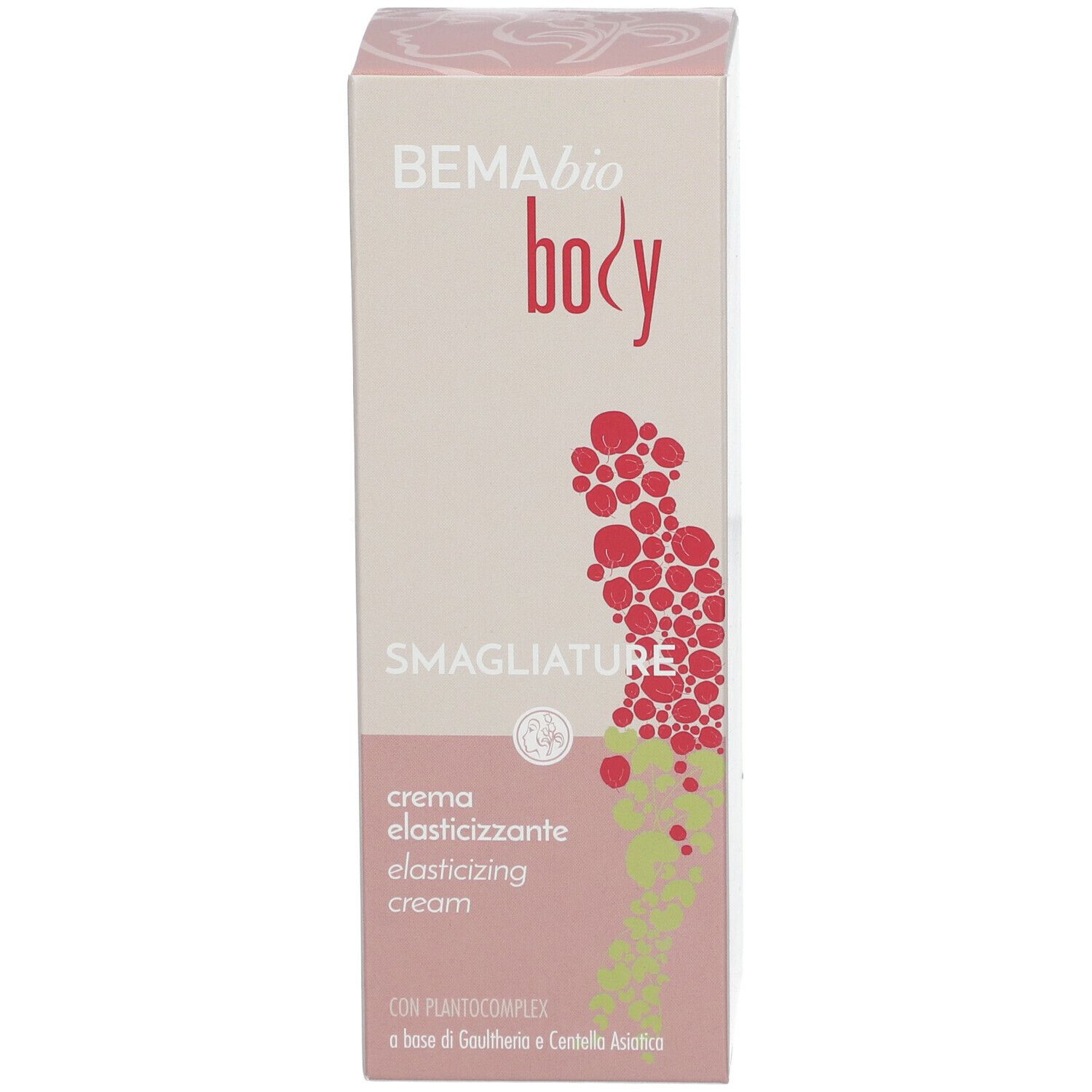 Scatola con design rosa. Scritta: BEMA bio body, Smagliature, crema elasticizzante. Con complesso vegetale.