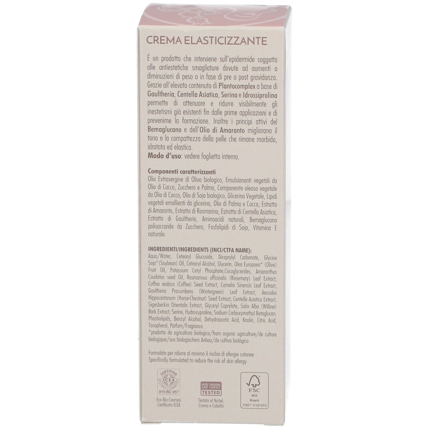 Scatola, testo in italiano. Elenco degli ingredienti e informazioni sulla crema.