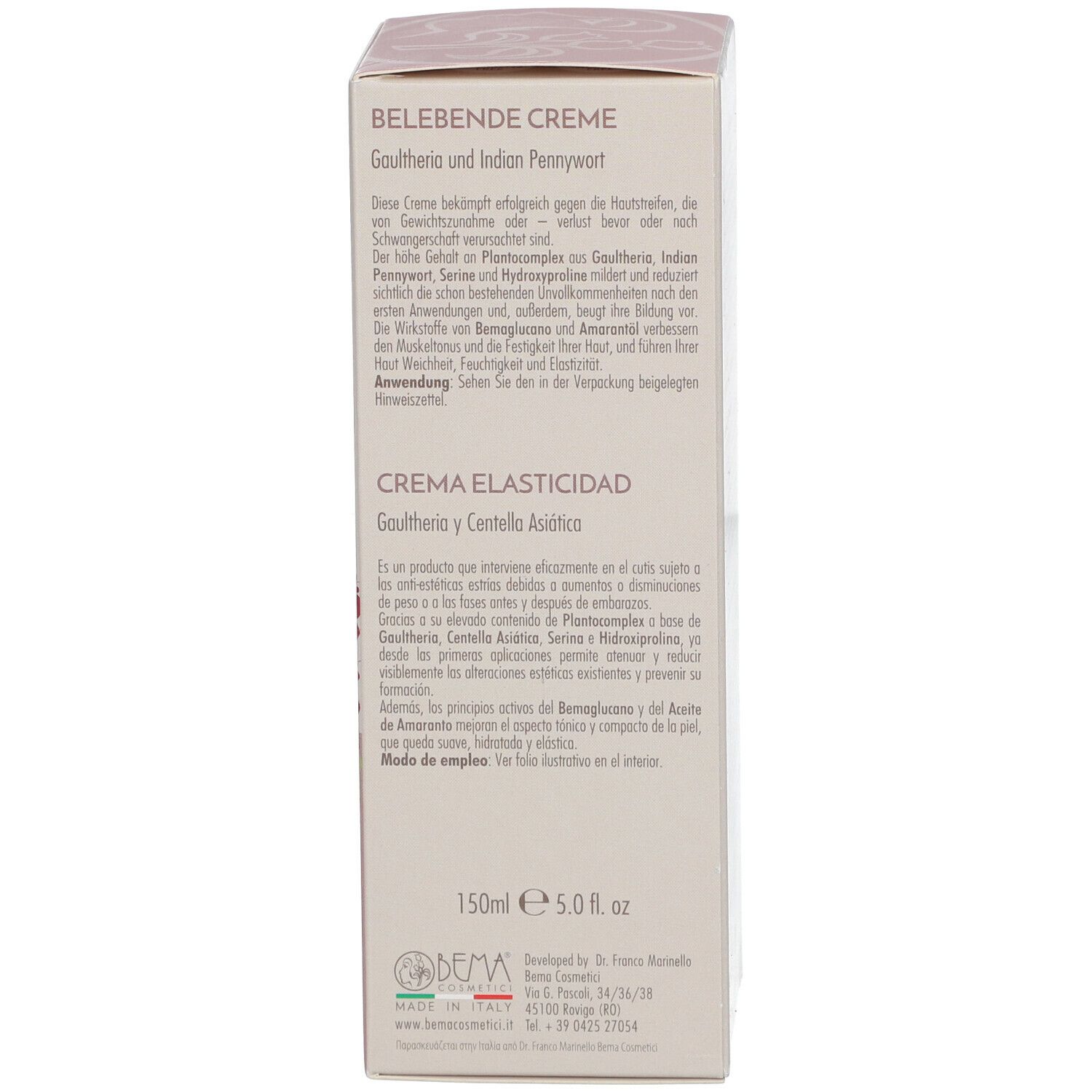 Scatola, testo in tedesco, inglese e francese. Informazioni sulla crema e il suo utilizzo.