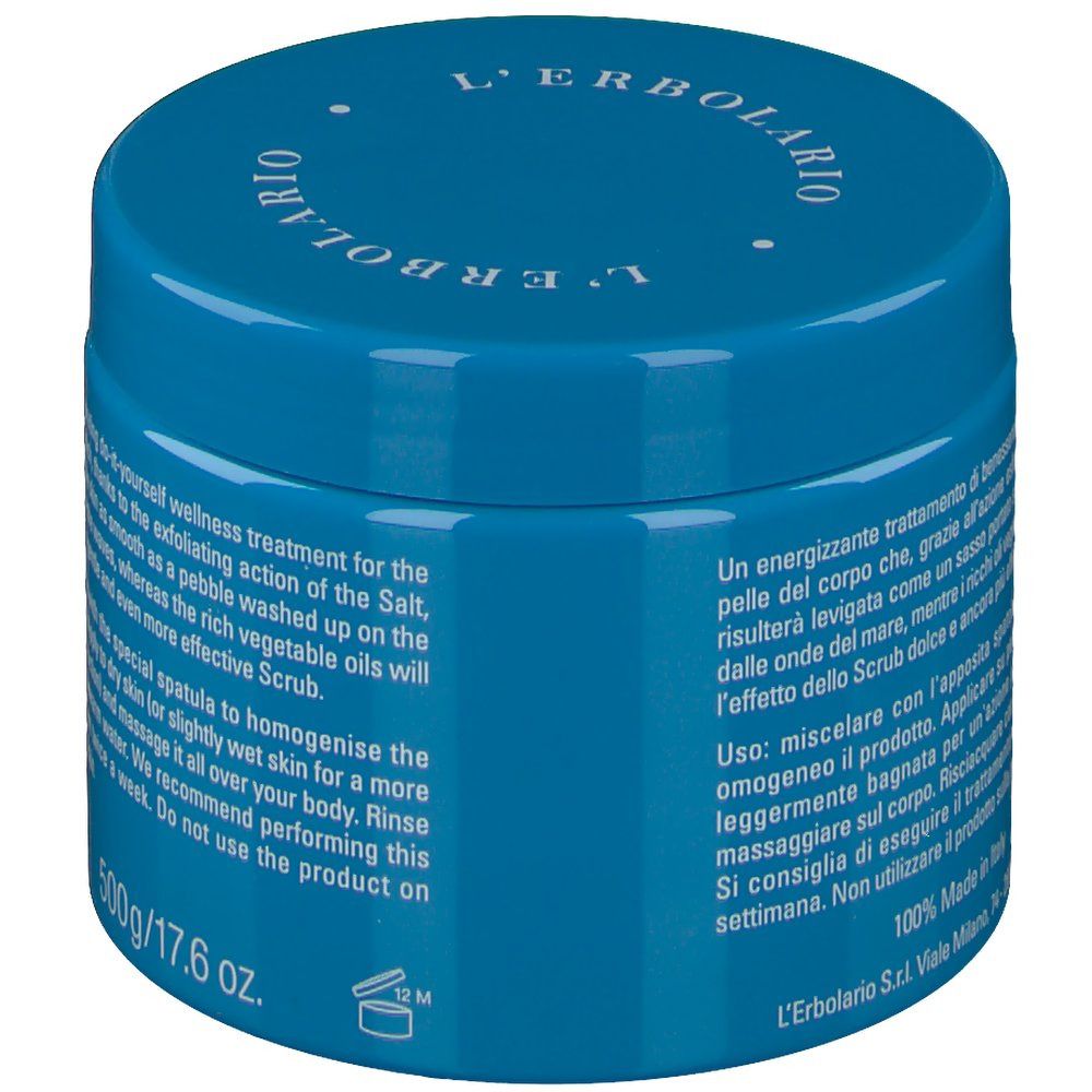 Vasetto blu di scrub salino, 500g/17.6 oz. L'Erbolario.