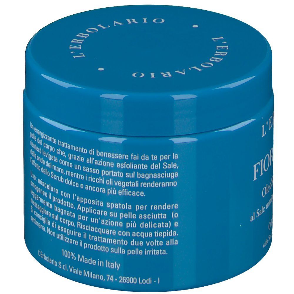 Barattolo blu con scritta "L'ERBOLARIO FIOR DI SALE".