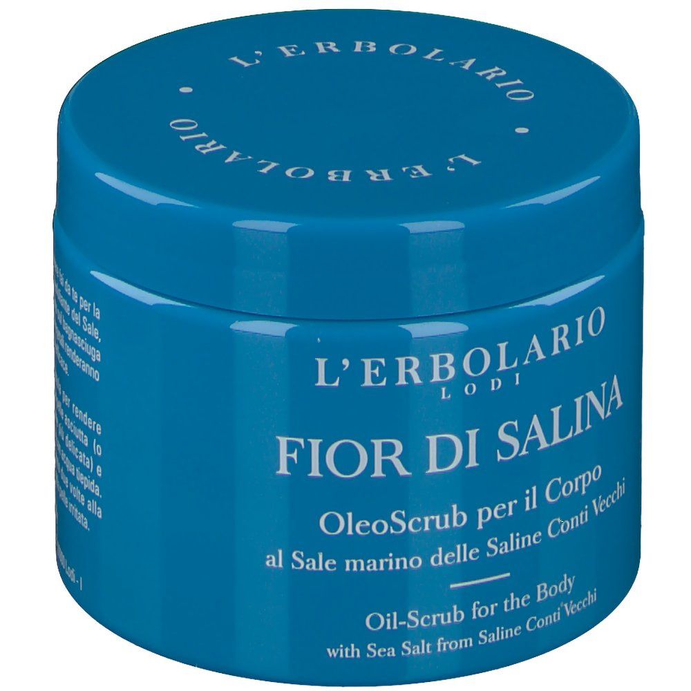 Vasetto blu L'Erbolario Fior di Salina Oleoscrub per il Corpo, olio-scrub con sale marino.