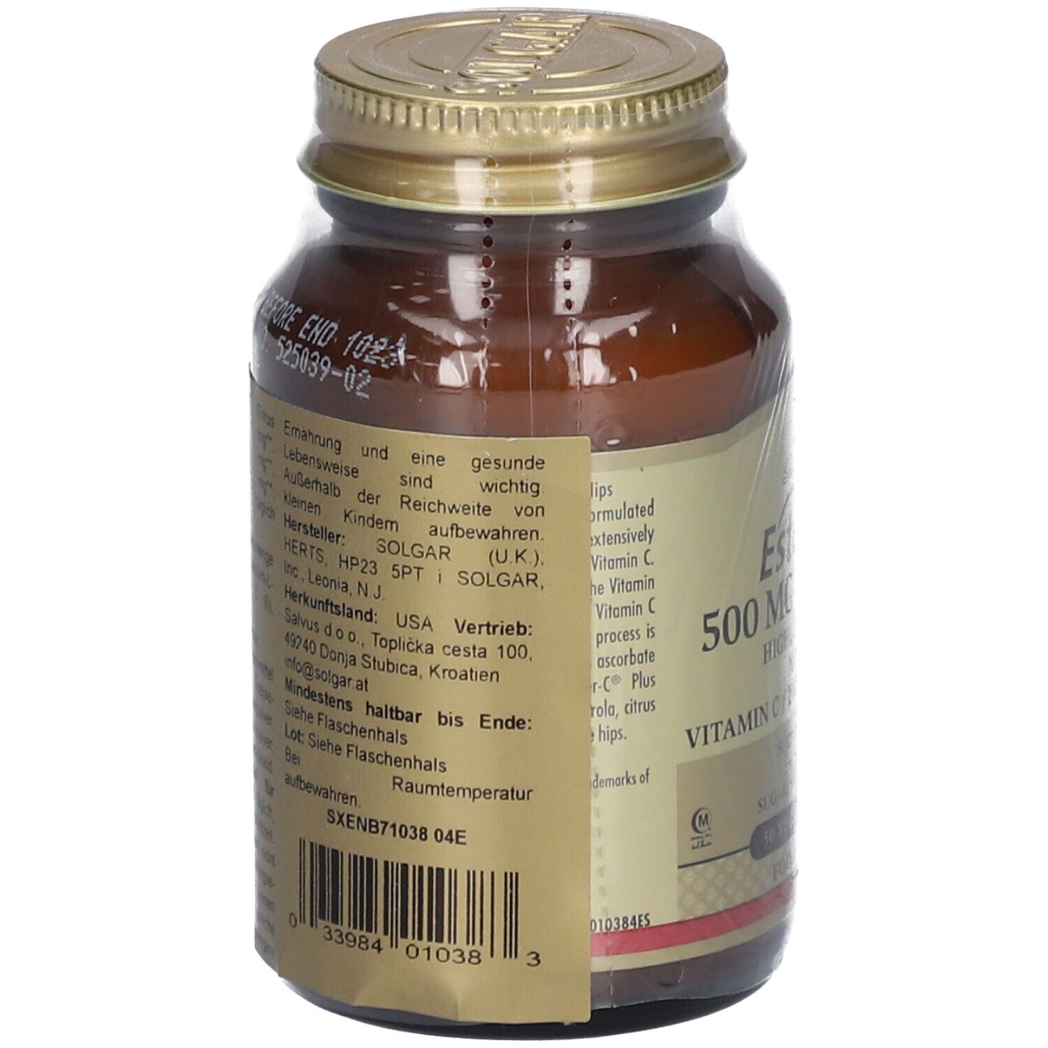 Retro di un flacone di vetro marrone con tappo dorato. Etichetta con informazioni e codice a barre.