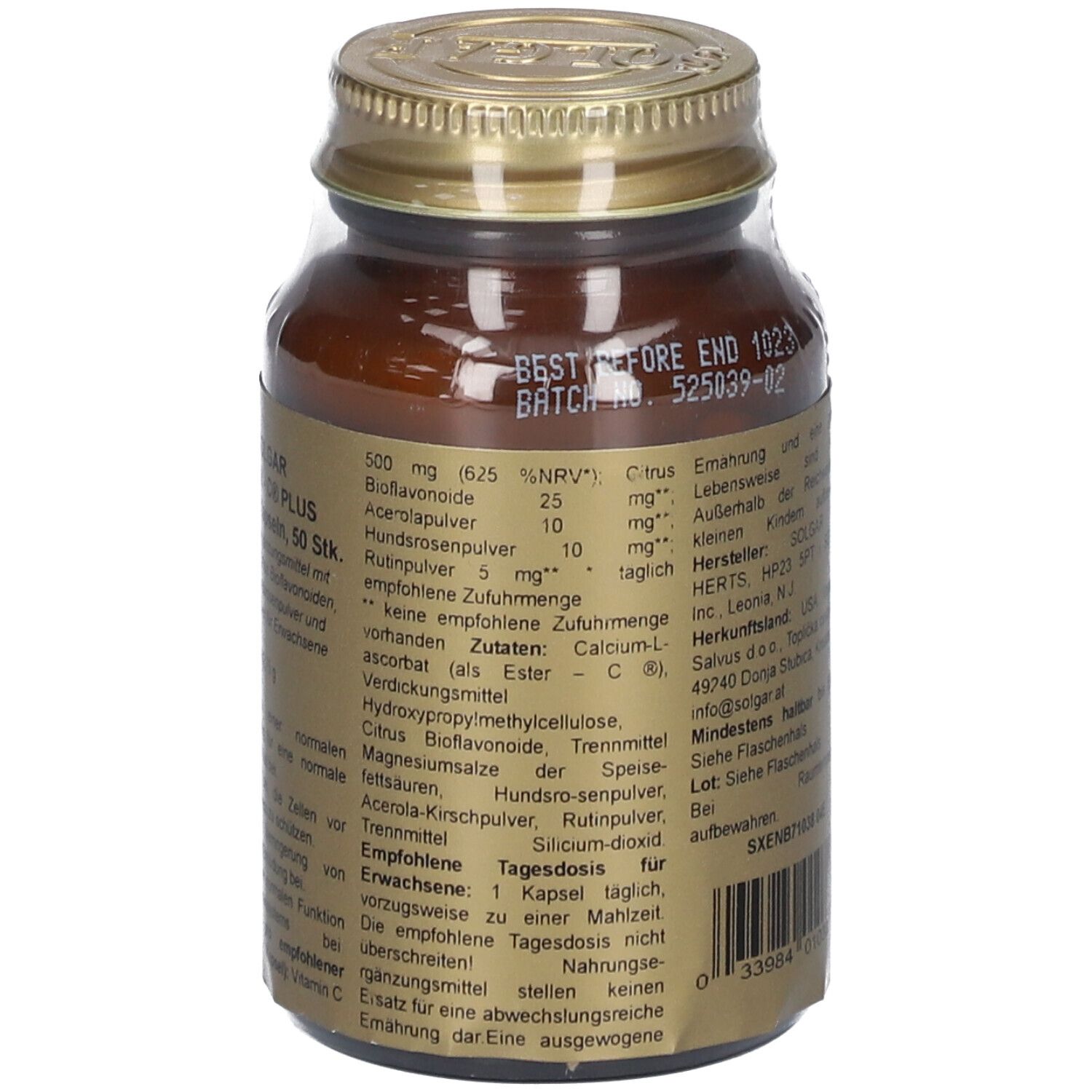 Retro del flacone con elenco ingredienti e data di scadenza. Vetro marrone, tappo dorato.