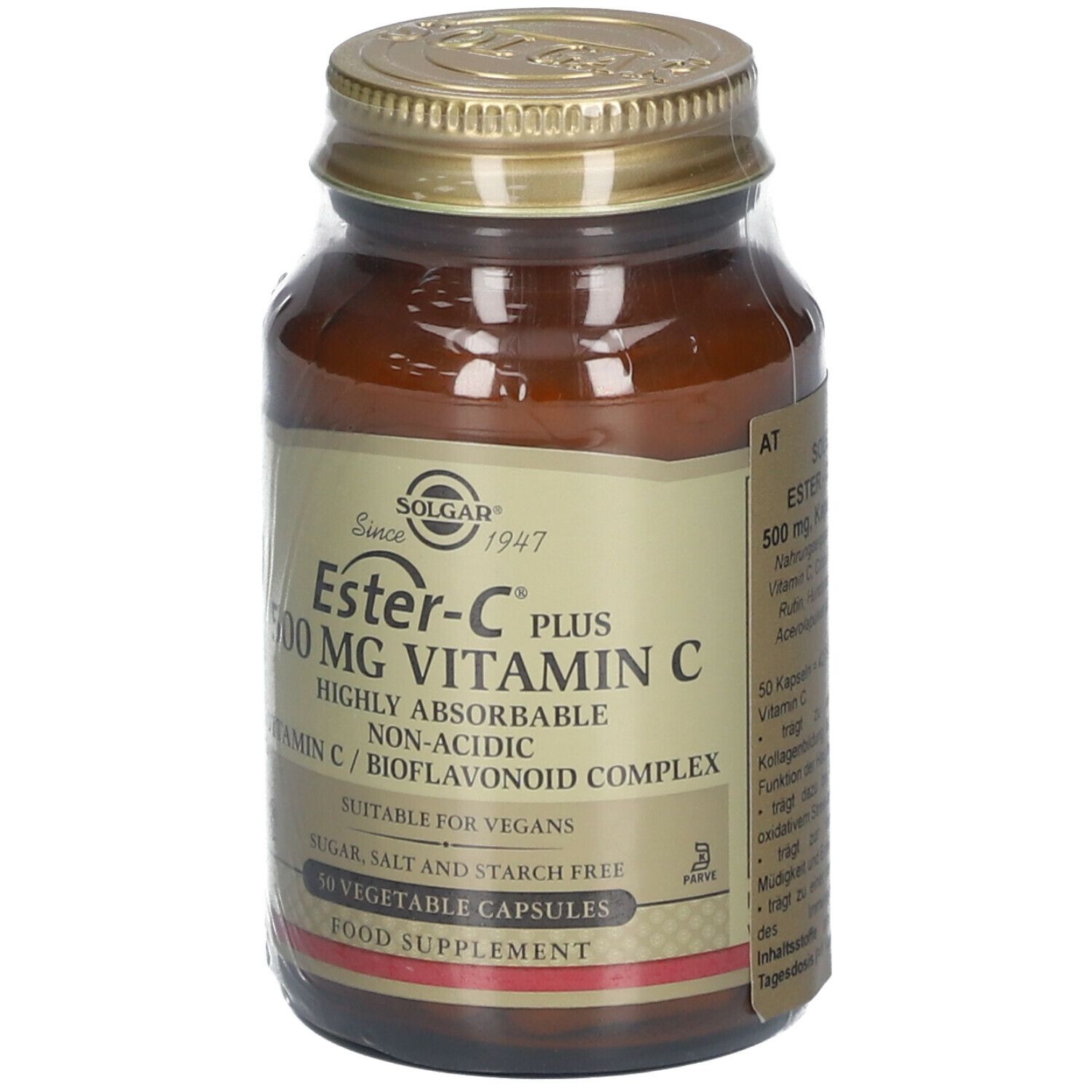 Flacone di vetro marrone con tappo dorato. Etichetta con nome prodotto, vitamina C e informazioni. 50 capsule.