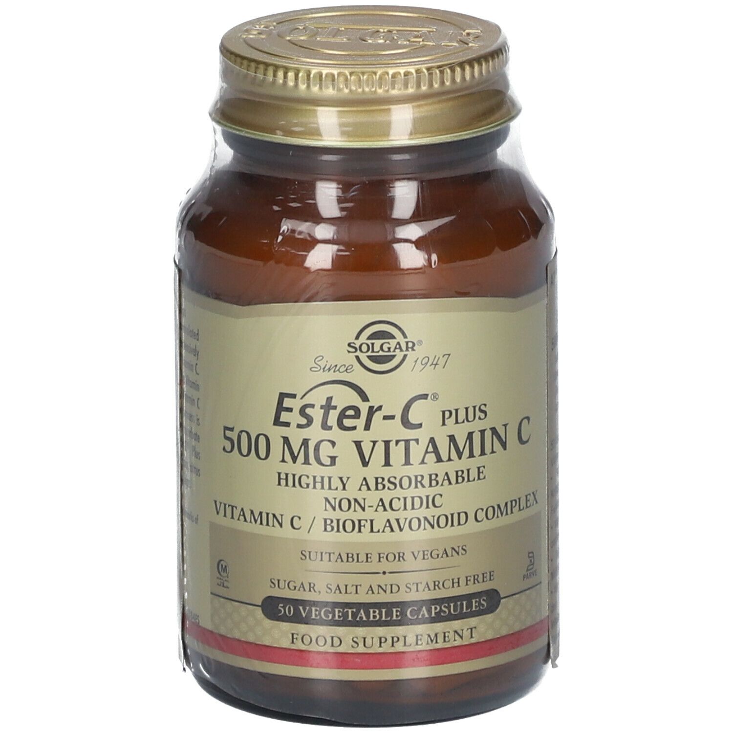 Flacone di vetro marrone con tappo dorato. Etichetta con nome prodotto, vitamina C e informazioni. 50 capsule.