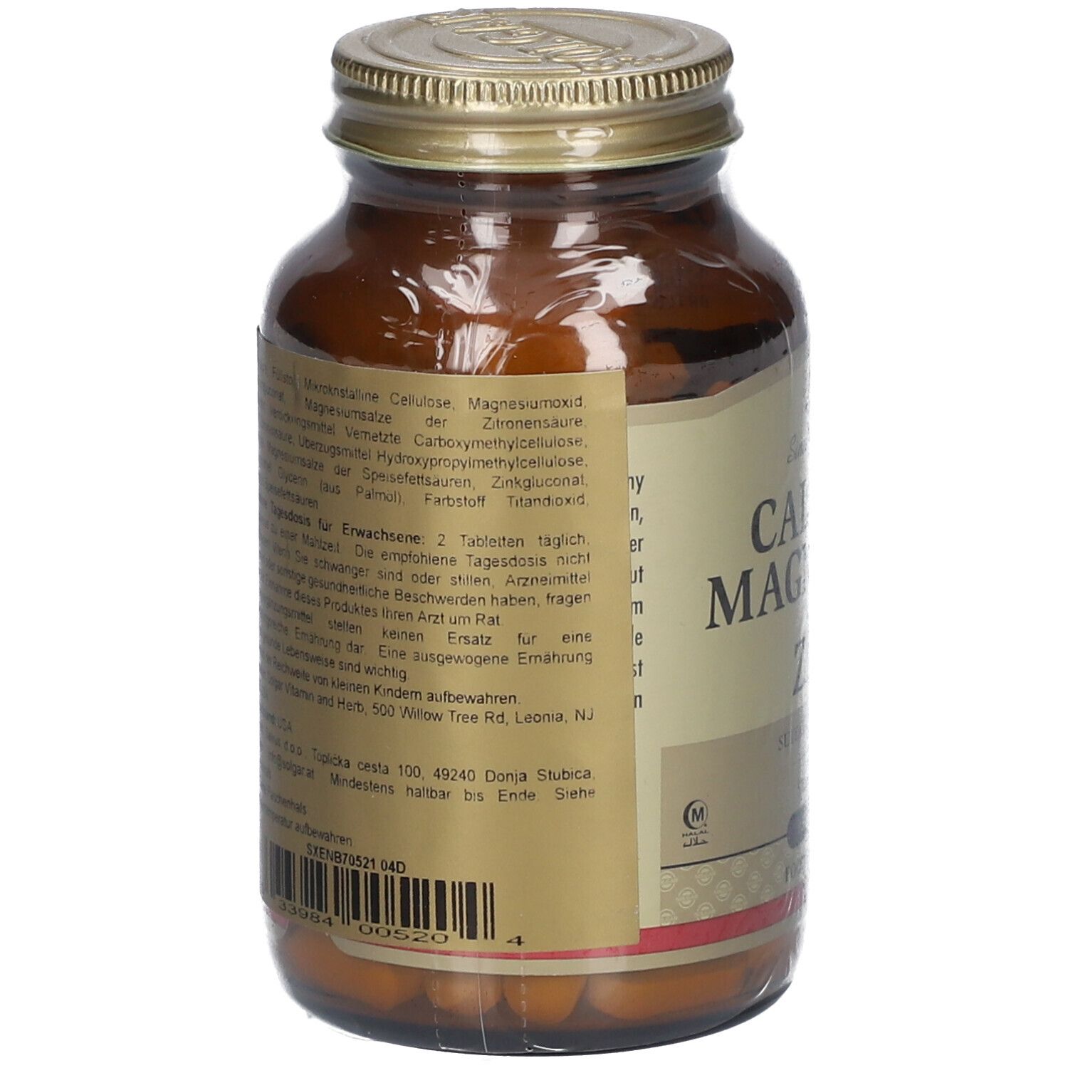 Retro di un flacone di vetro marrone con coperchio dorato. Testo in tedesco. Contiene ingredienti e istruzioni per l'uso.