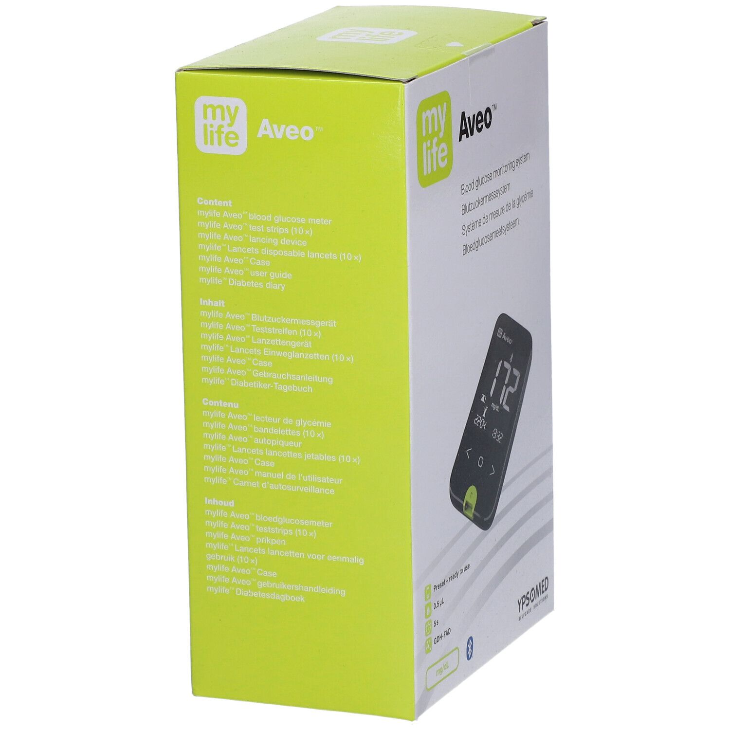 Confezione mylife Aveo™ sistema di monitoraggio della glicemia. Informazioni e misuratore sul lato.